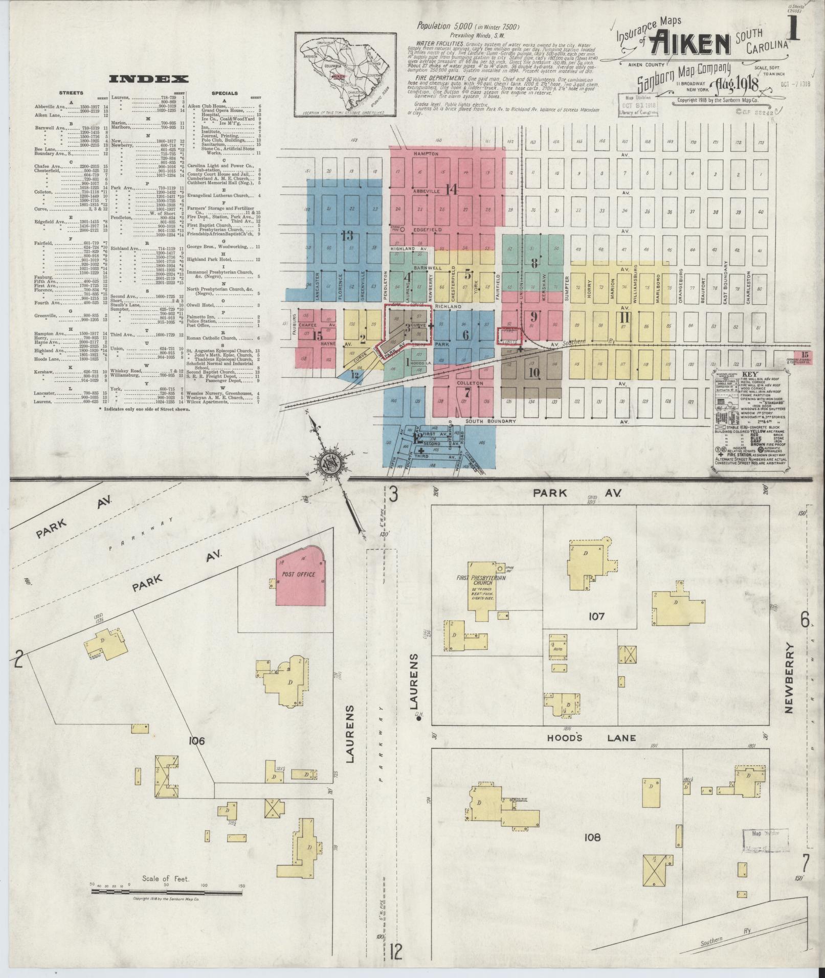 Sanborn Fire Insurance Map from Aiken, Aiken County, South Carolina (1918), Sheet #0001 - Complete Map Set gallery image, historic Sanborn map, vintage wall art, South Carolina South Carolina