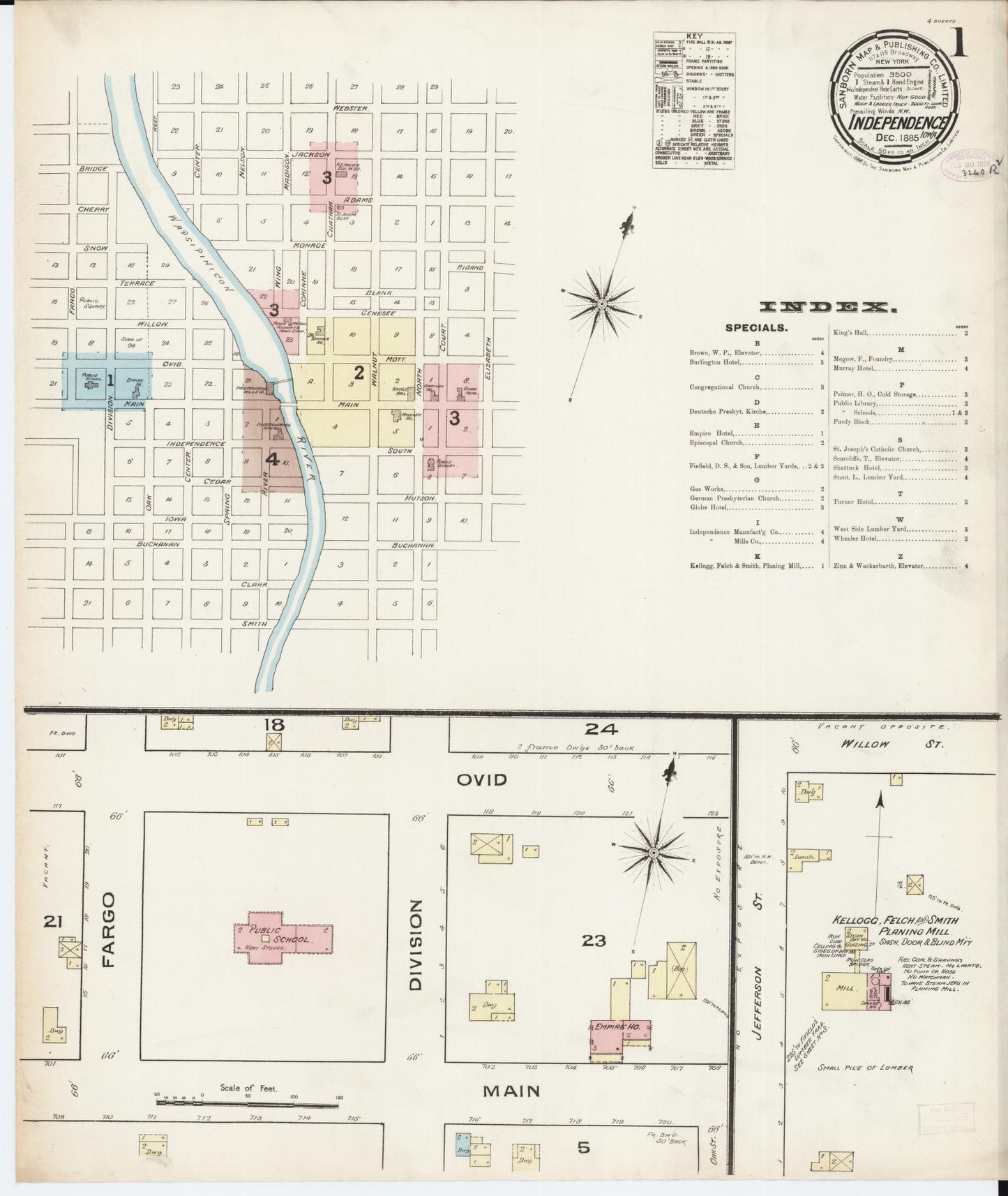 Sanborn Fire Insurance Map from Independence, Buchanan County, Iowa (1885), Sheet #0001 - Historic Sanborn Fire Insurance Map Print, vintage old map wall art