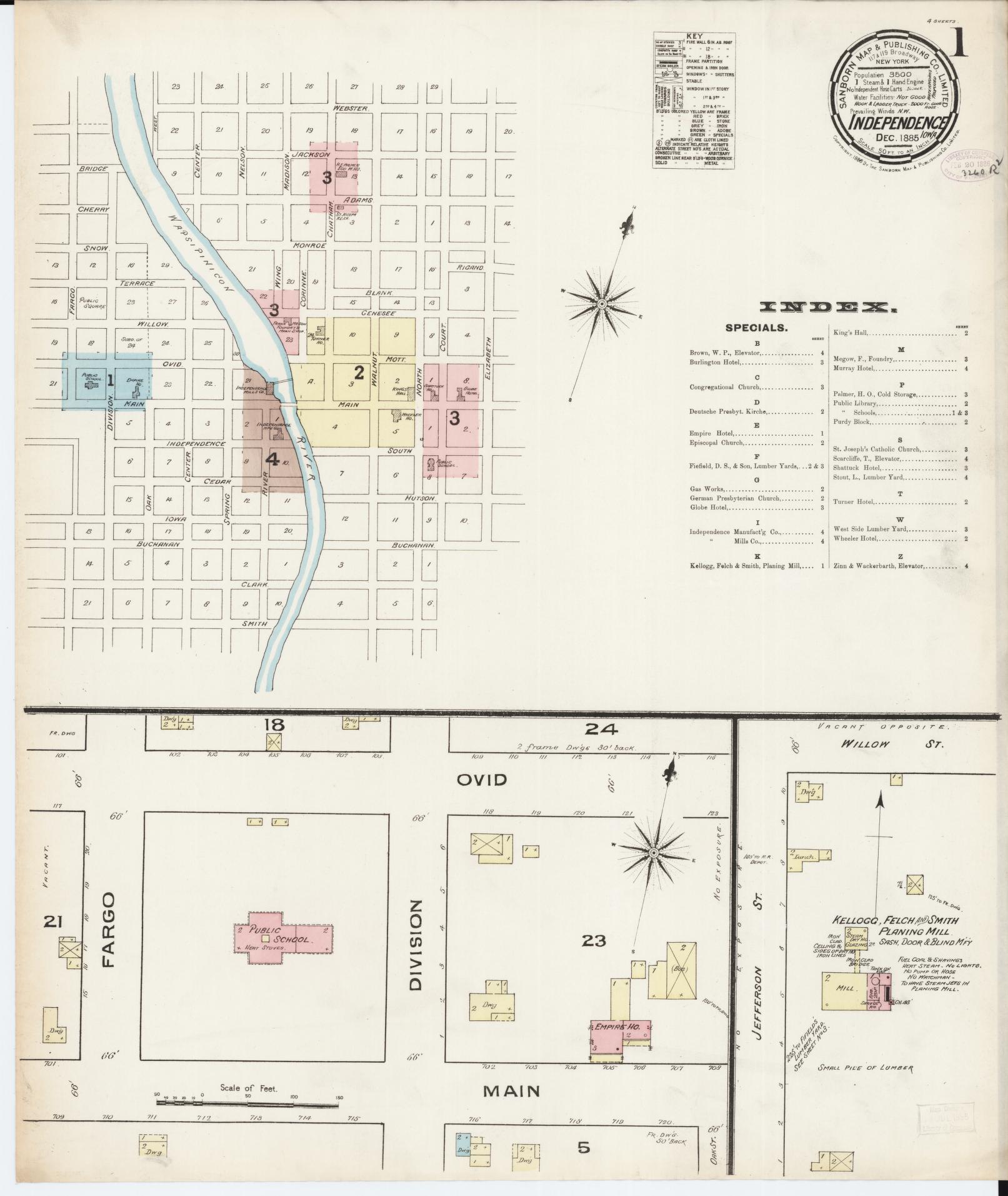 Sanborn Fire Insurance Map from Independence, Buchanan County, Iowa (1885), Sheet #0001 - Historic Sanborn Fire Insurance Map Print, vintage old map wall art