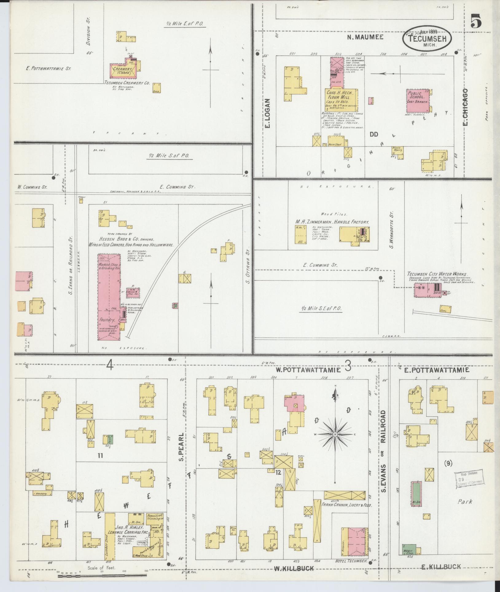 Sanborn Fire Insurance Map from Tecumseh, Lenawee County, Michigan (1899), Sheet #0005 - Historic Sanborn Fire Insurance Map Print, vintage old map wall art, antique decor, genealogy gift, Michigan Michigan map