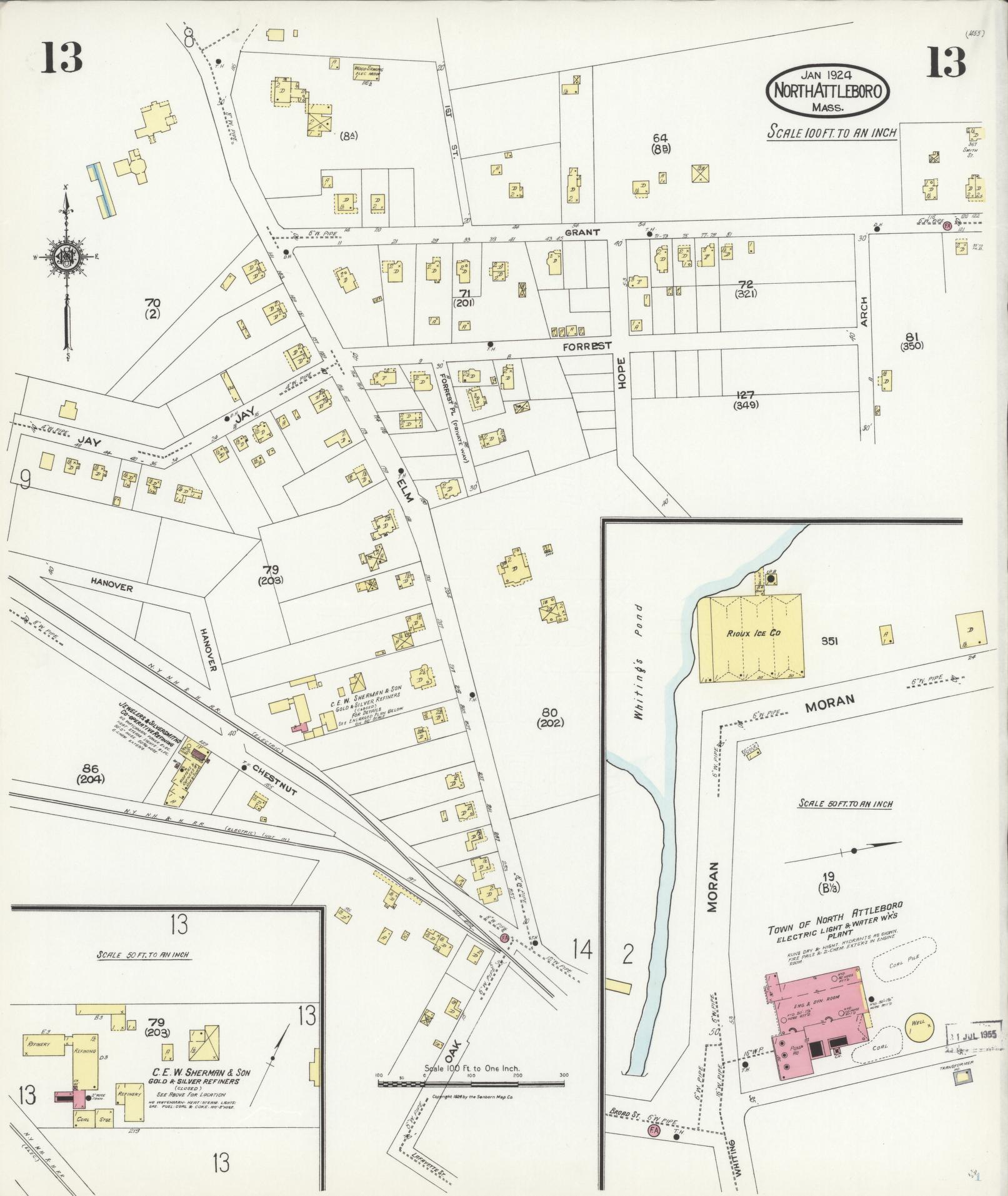 Sanborn Fire Insurance Map from North Attleborough, Bristol County, Massachusetts (1924), Sheet #0013 - Complete Map Set gallery image, historic Sanborn map, vintage wall art, Massachusetts Massachusetts