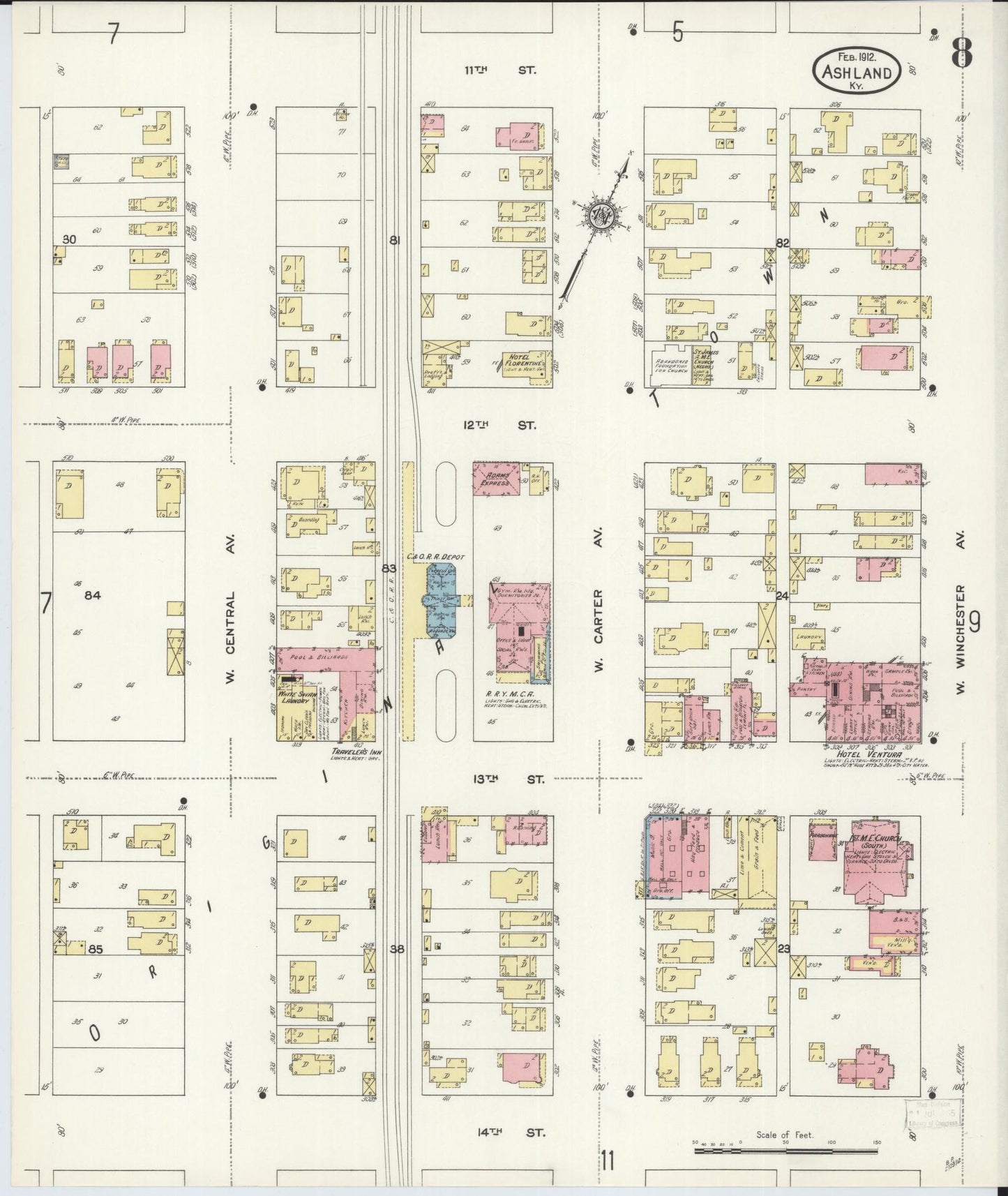 Sanborn Fire Insurance Map from Ashland, Boyd County, Kentucky (1912), Sheet #0008 - Historic Sanborn Fire Insurance Map Print, vintage old map wall art, antique decor, genealogy gift, Kentucky Kentucky map