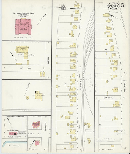 Sanborn Fire Insurance Map from Radford, Independent Cities, Virginia (1913), Sheet #0005 - Historic Sanborn Fire Insurance Map Print, vintage old map wall art, antique decor, genealogy gift, Virginia Virginia map