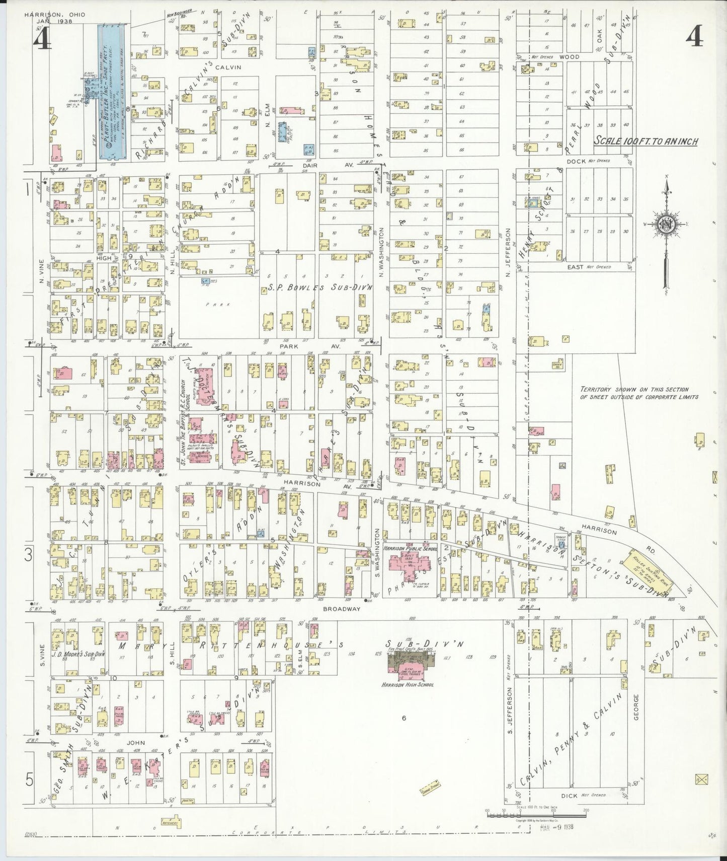 Sanborn Fire Insurance Map from Harrison, Hamilton County, Ohio (1938), Sheet #0004 - Complete Map Set gallery image, historic Sanborn map, vintage wall art, Indiana Indiana
