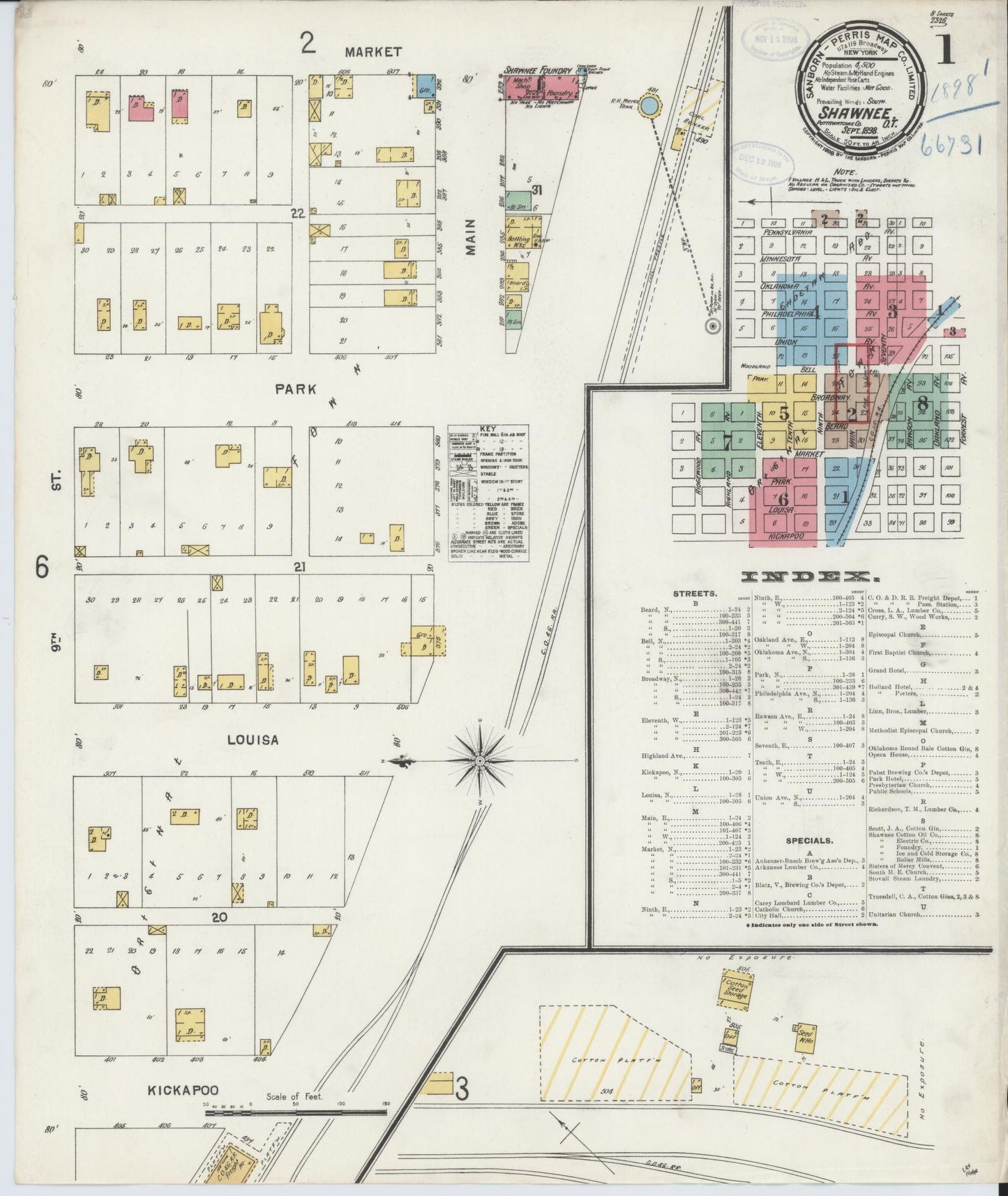 Sanborn Fire Insurance Map from Shawnee, Pottawatomie County, Oklahoma (1898), Sheet #0001 - Complete Map Set gallery image, historic Sanborn map, vintage wall art, Oklahoma Oklahoma