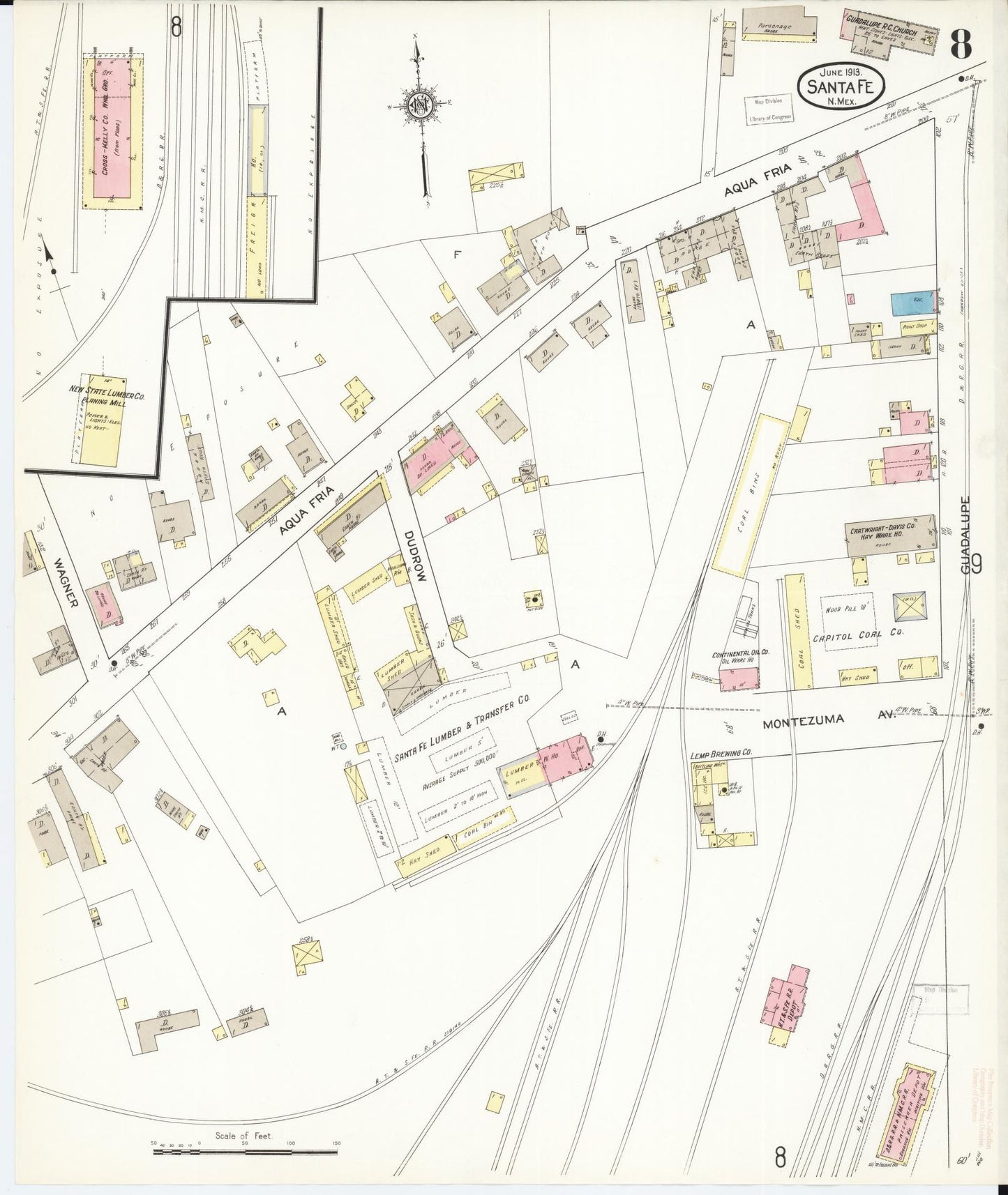 Sanborn Fire Insurance Map from Santa Fe, Santa Fe County, New Mexico (1913), Sheet #0008 - Historic Sanborn Fire Insurance Map Print, vintage old map wall art, antique decor, genealogy gift, New Mexico New Mexico map