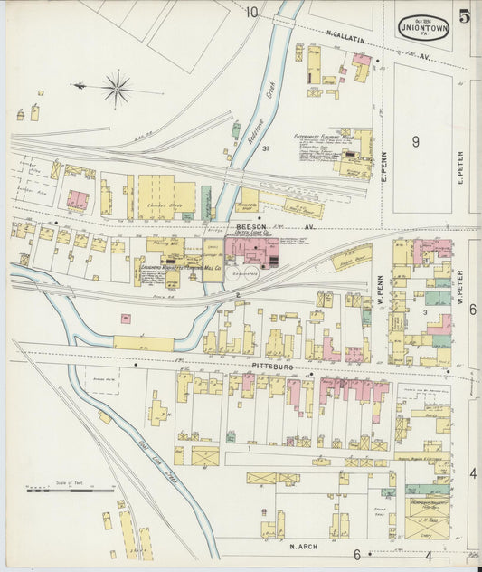 Sanborn Fire Insurance Map from Uniontown, Fayette County, Pennsylvania (1896), Sheet #0005 - Historic Sanborn Fire Insurance Map Print, vintage old map wall art, antique decor, genealogy gift, Pennsylvania Pennsylvania map