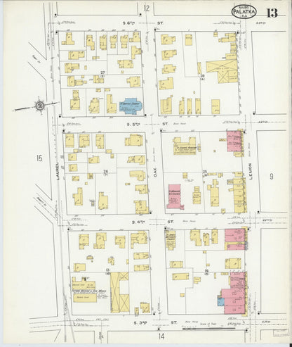 Sanborn Fire Insurance Map from Palatka, Putnam County, Florida (1915), Sheet #0013 - Complete Map Set gallery image, historic Sanborn map, vintage wall art, Florida Florida