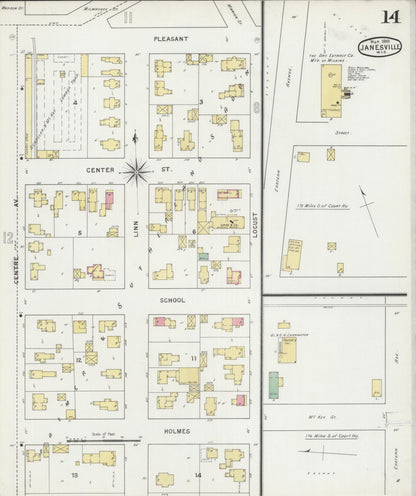 Sanborn Fire Insurance Map from Janesville, Rock County, Wisconsin (1895), Sheet #0014 - Historic Sanborn Fire Insurance Map Print, vintage old map wall art, antique decor, genealogy gift, Wisconsin Wisconsin map