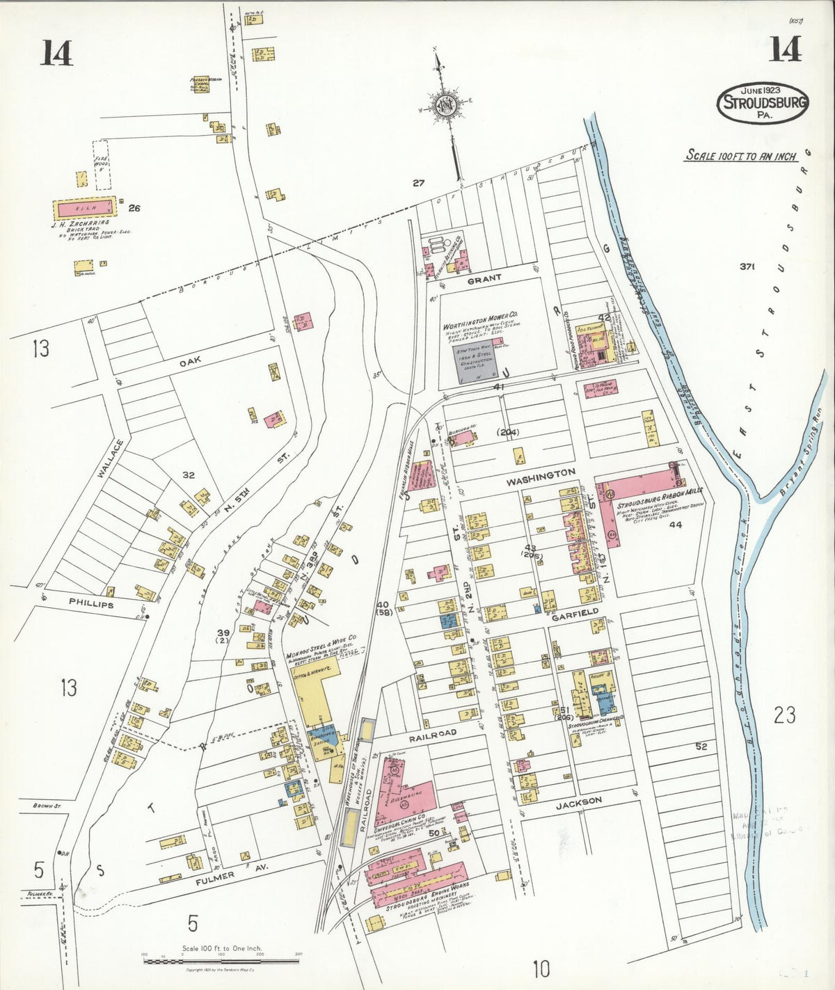 Sanborn Fire Insurance Map from Stroudsburg, Monroe County, Pennsylvania (1923), Sheet #0014 - Historic Sanborn Fire Insurance Map Print, vintage old map wall art, antique decor, genealogy gift, Pennsylvania Pennsylvania map