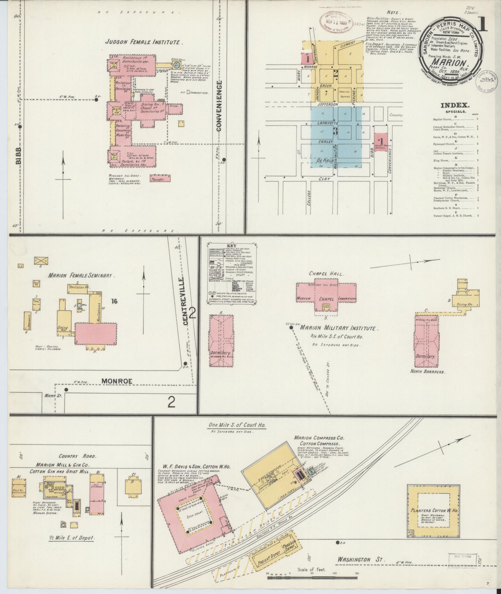 Sanborn Fire Insurance Map from Marion, Perry County, Alabama (1899), Sheet #0001 - Historic Sanborn Fire Insurance Map Print, vintage old map wall art, antique decor, genealogy gift, Alabama Alabama map