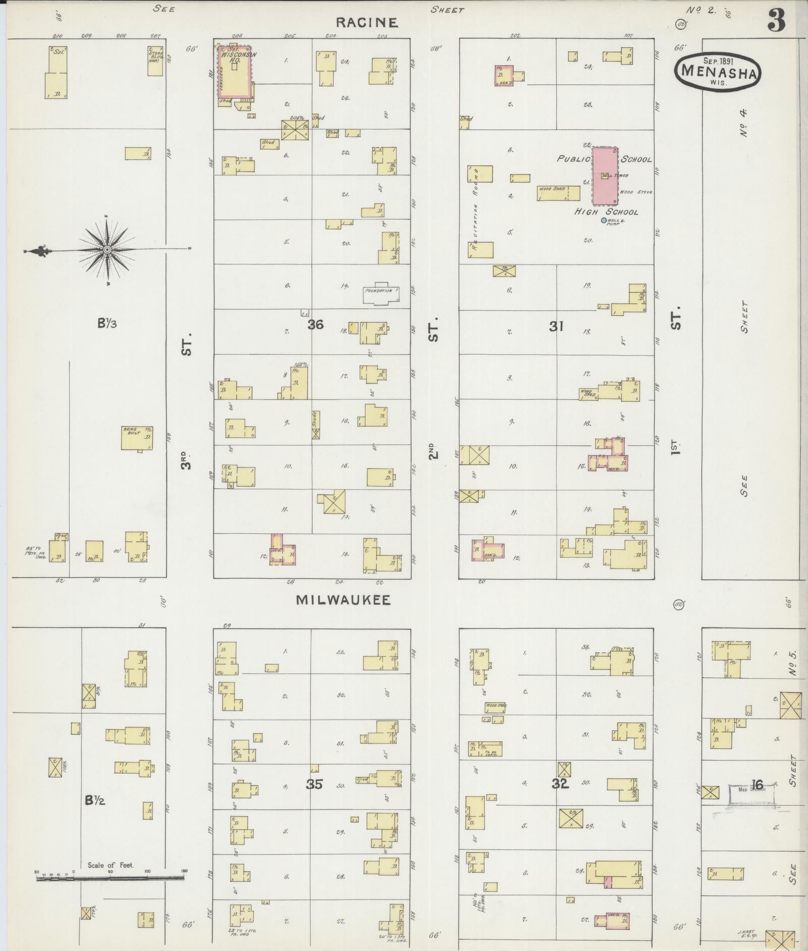 Sanborn Fire Insurance Map from Menasha, Winnebago County, Wisconsin (1891), Sheet #0003 - Historic Sanborn Fire Insurance Map Print, vintage old map wall art, antique decor, genealogy gift, Wisconsin Wisconsin map
