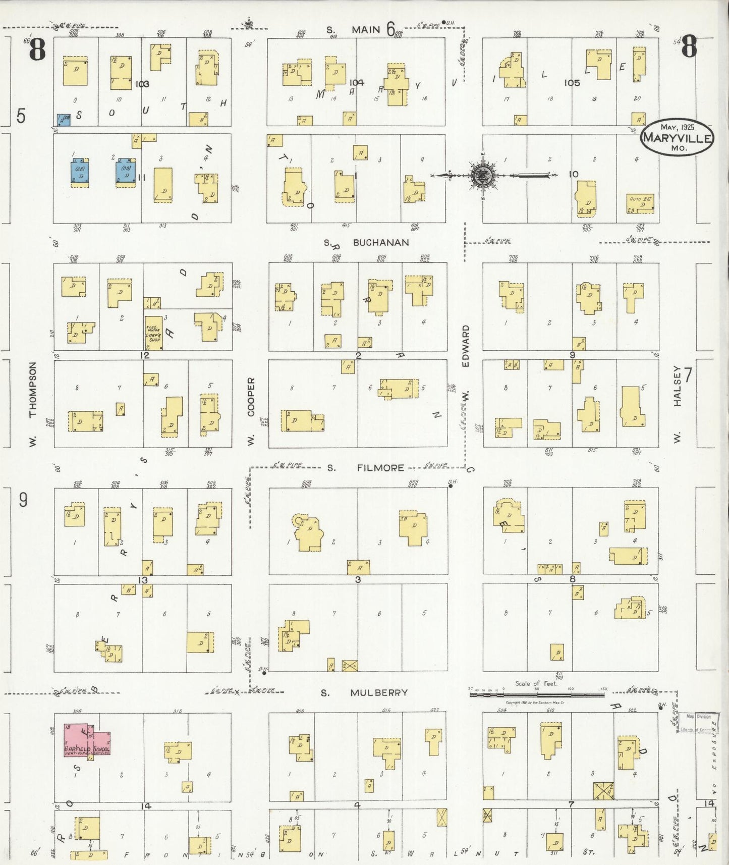 Sanborn Fire Insurance Map from Maryville, Nodaway County, Missouri (1925), Sheet #0008 - Historic Sanborn Fire Insurance Map Print, vintage old map wall art, antique decor, genealogy gift, Missouri Missouri map
