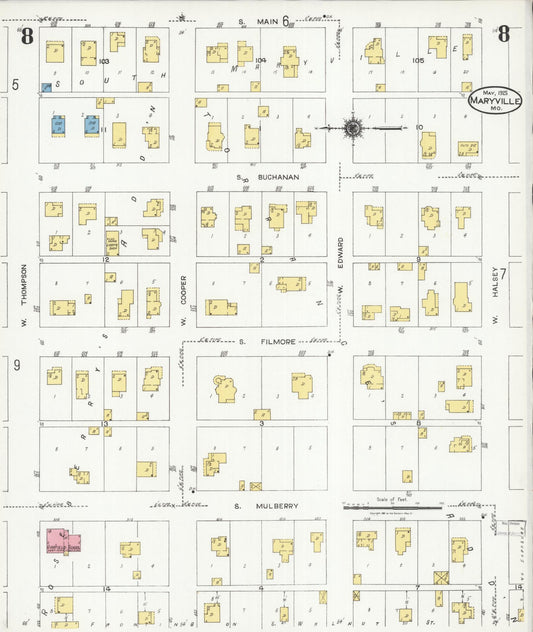 Sanborn Fire Insurance Map from Maryville, Nodaway County, Missouri (1925), Sheet #0008 - Historic Sanborn Fire Insurance Map Print, vintage old map wall art, antique decor, genealogy gift, Missouri Missouri map