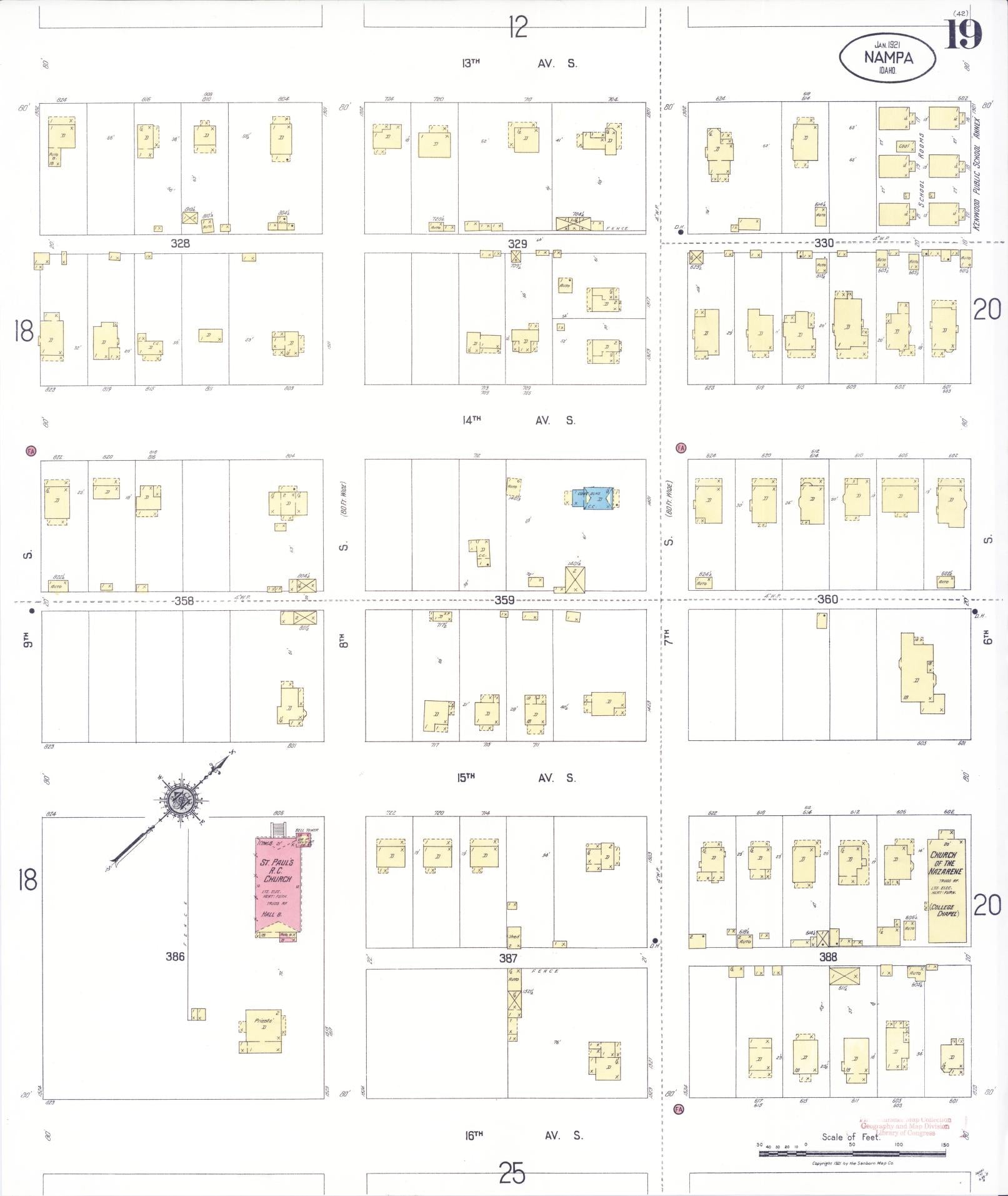 Sanborn Fire Insurance Map from Nampa, Canyon County, Idaho (1921), Sheet #0019 - Historic Sanborn Fire Insurance Map Print, vintage old map wall art, antique decor, genealogy gift, Idaho Idaho map