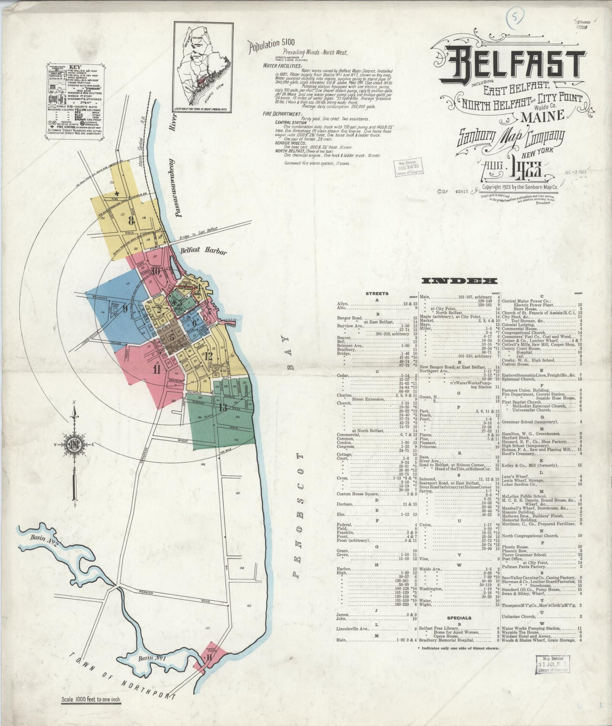 Sanborn Fire Insurance Map from Belfast, Waldo County, Maine (1923), Sheet #0001 - Complete Map Set gallery image, historic Sanborn map, vintage wall art, Maine Maine