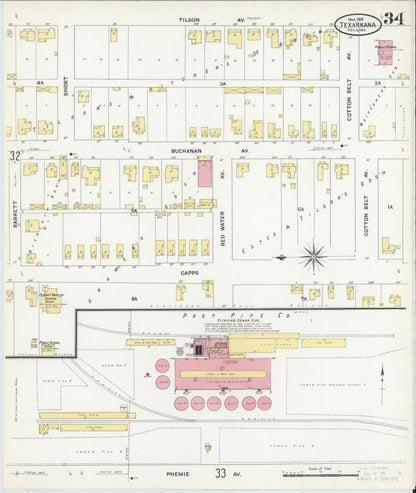Sanborn Fire Insurance Map from Texarkana, Bowie County, Texas (1909), Sheet #0034 - Complete Map Set gallery image, historic Sanborn map, vintage wall art, Texas Texas