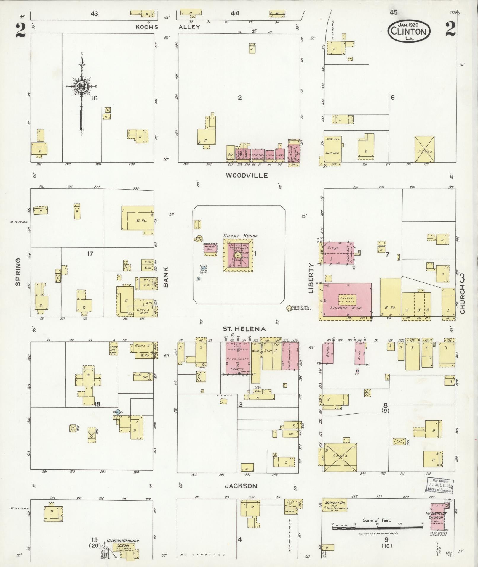 Sanborn Fire Insurance Map from Clinton, East Feliciana Parish, Louisiana (1926), Sheet #0002 - Historic Sanborn Fire Insurance Map Print, vintage old map wall art, antique decor, genealogy gift, Louisiana Louisiana map