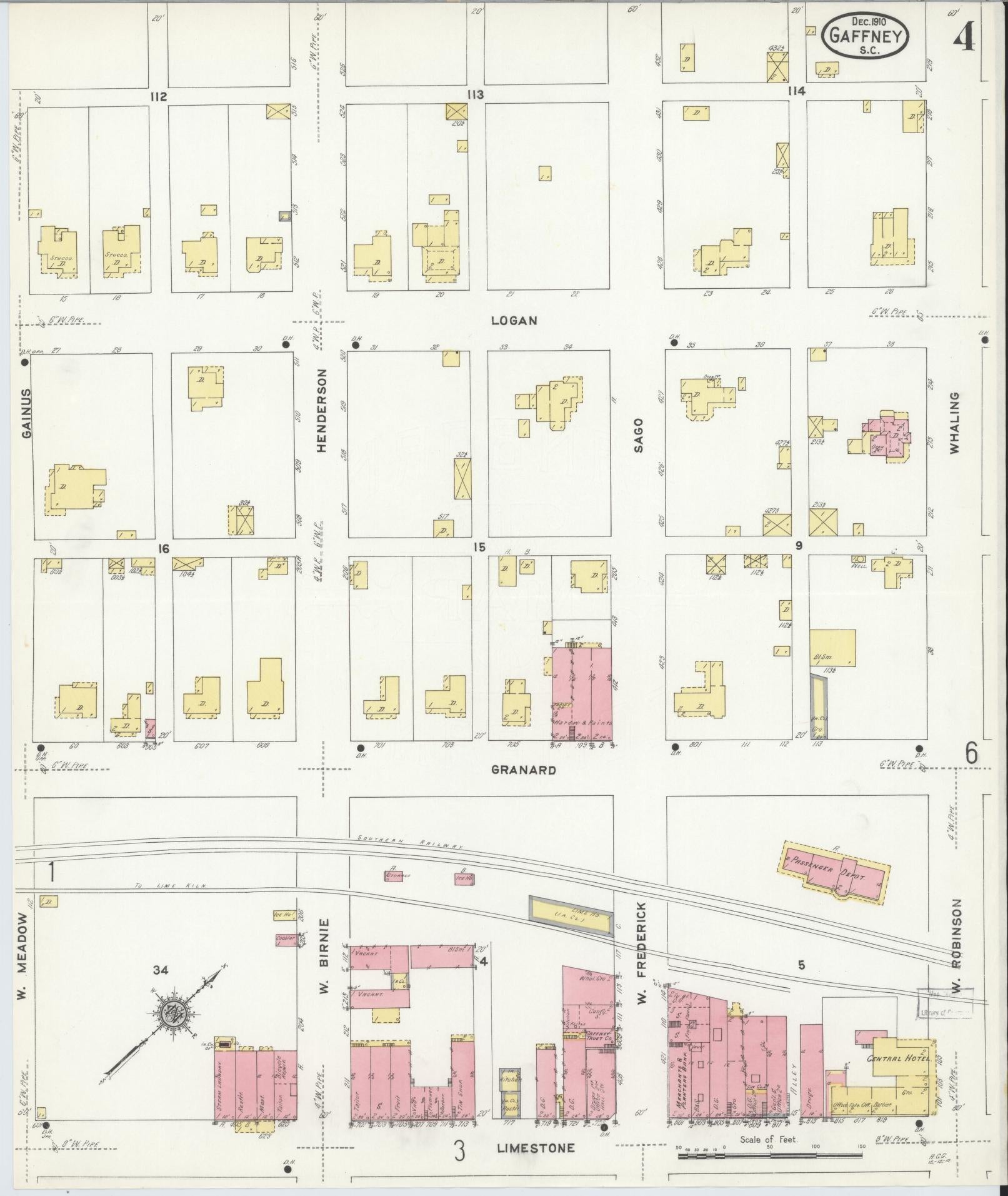 Sanborn Fire Insurance Map from Gaffney, Cherokee County, South Carolina (1910), Sheet #0004 - Complete Map Set gallery image, historic Sanborn map, vintage wall art, South Carolina South Carolina