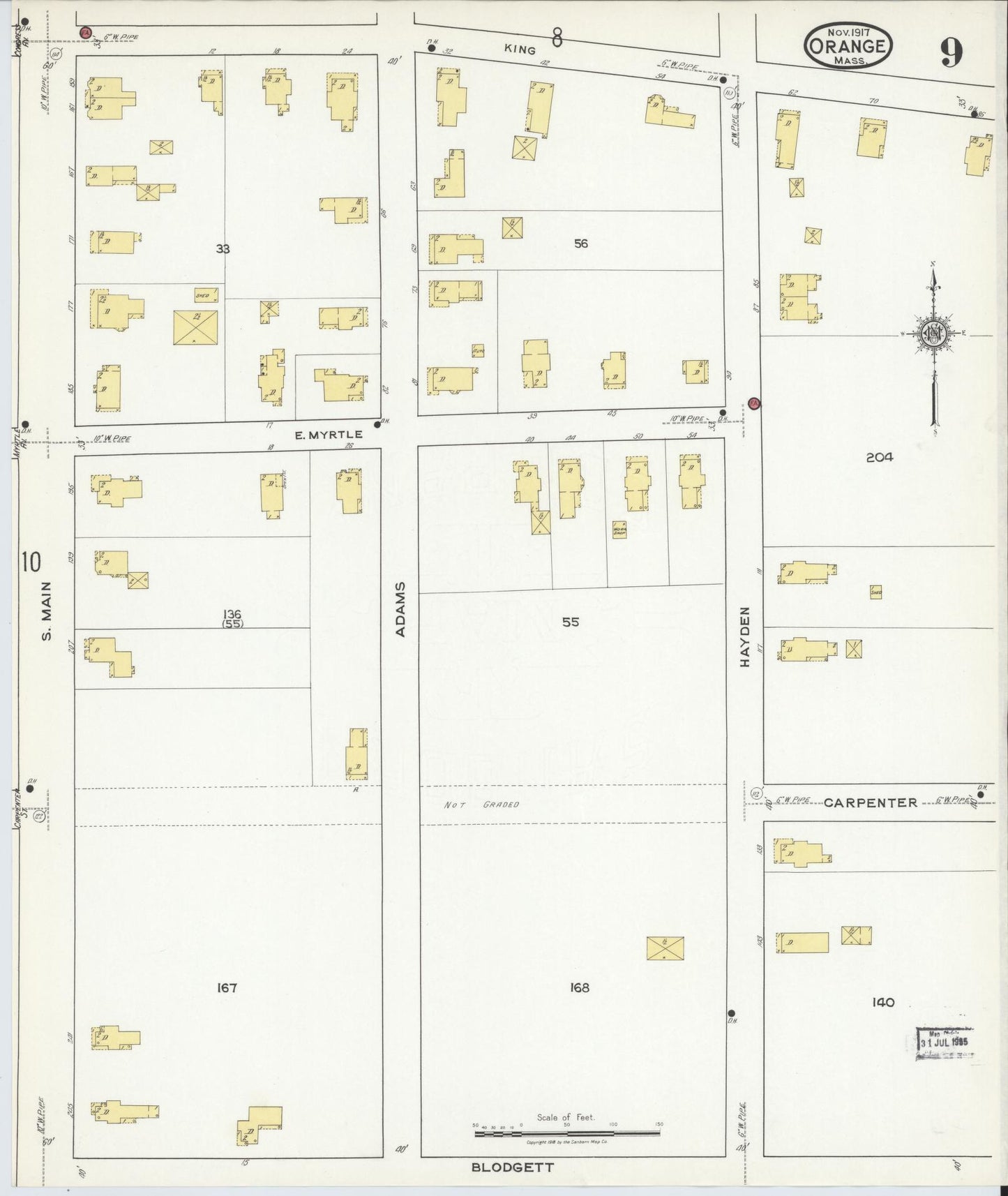Sanborn Fire Insurance Map from Orange, Franklin County, Massachusetts (1917), Sheet #0009 - Complete Map Set gallery image, historic Sanborn map, vintage wall art, Massachusetts Massachusetts