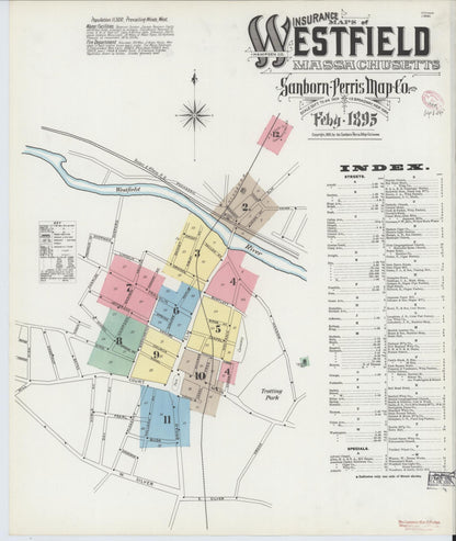 Sanborn Fire Insurance Map from Westfield, Hampden County, Massachusetts (1895), Sheet #0001 - Historic Sanborn Fire Insurance Map Print, vintage old map wall art, antique decor, genealogy gift, Massachusetts Massachusetts map