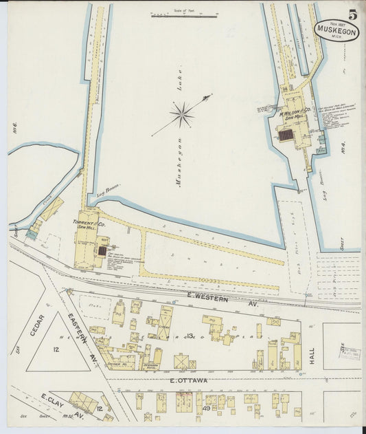 Sanborn Fire Insurance Map from Muskegon, Muskegon County, Michigan (1887), Sheet #0005 - Historic Sanborn Fire Insurance Map Print, vintage old map wall art, antique decor, genealogy gift, Michigan Michigan map