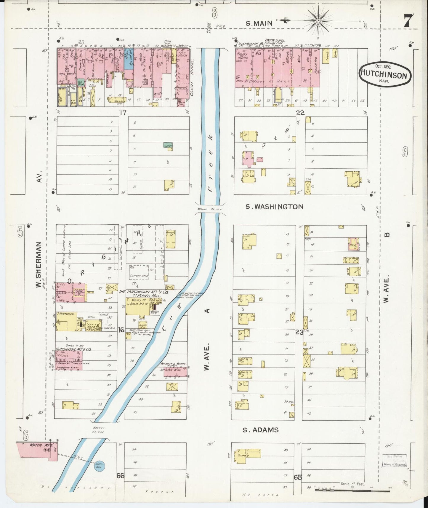 Sanborn Fire Insurance Map from Hutchinson, Reno County, Kansas (1892), Sheet #0007 - Historic Sanborn Fire Insurance Map Print, vintage old map wall art, antique decor, genealogy gift, Kansas Kansas map