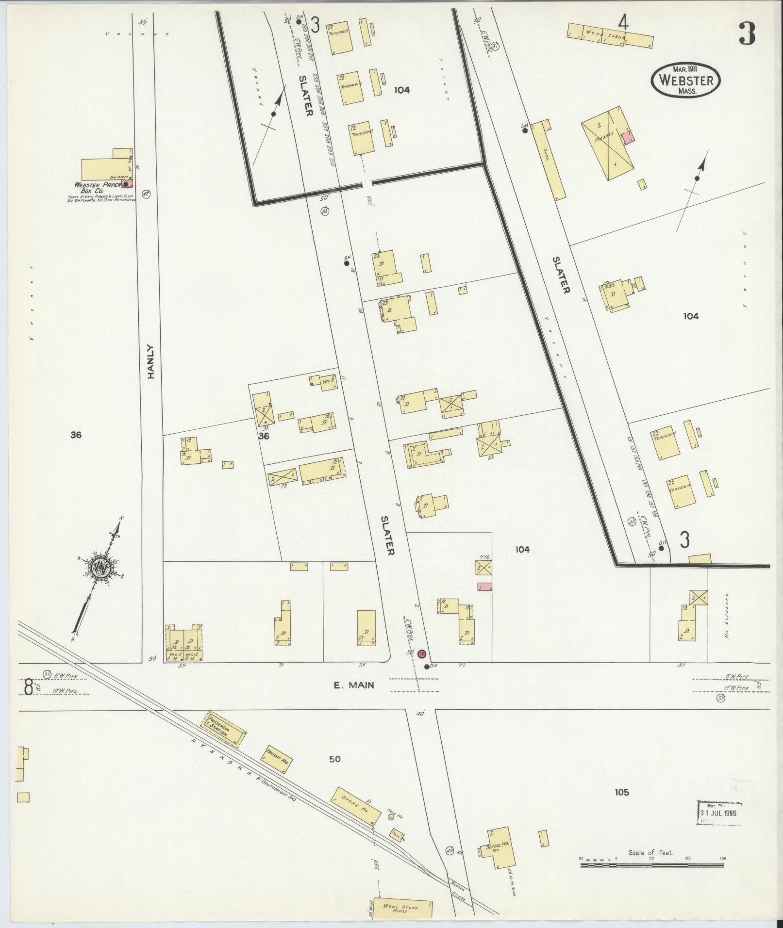 Sanborn Fire Insurance Map from Webster, Worcester County, Massachusetts (1911), Sheet #0003 - Historic Sanborn Fire Insurance Map Print, vintage old map wall art, antique decor, genealogy gift, Massachusetts Massachusetts map