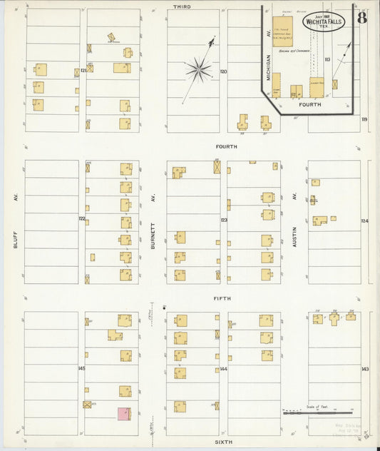 Sanborn Fire Insurance Map from Wichita Falls, Wichita County, Texas (1908), Sheet #0008 - Historic Sanborn Fire Insurance Map Print, vintage old map wall art, antique decor, genealogy gift, Texas Texas map