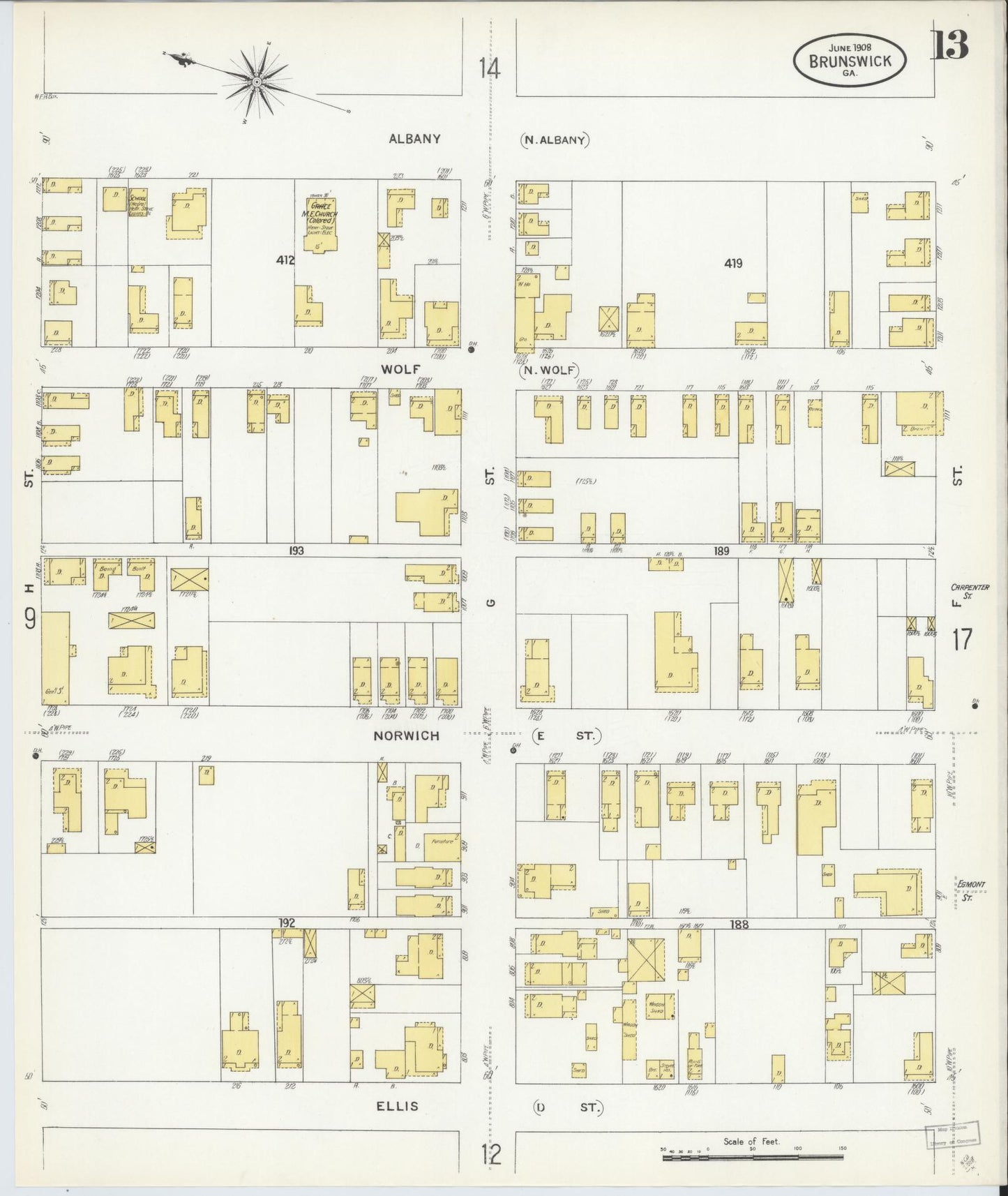 Sanborn Fire Insurance Map from Brunswick, Glynn County, Georgia (1908), Sheet #0013 - Complete Map Set gallery image, historic Sanborn map, vintage wall art, Georgia Georgia
