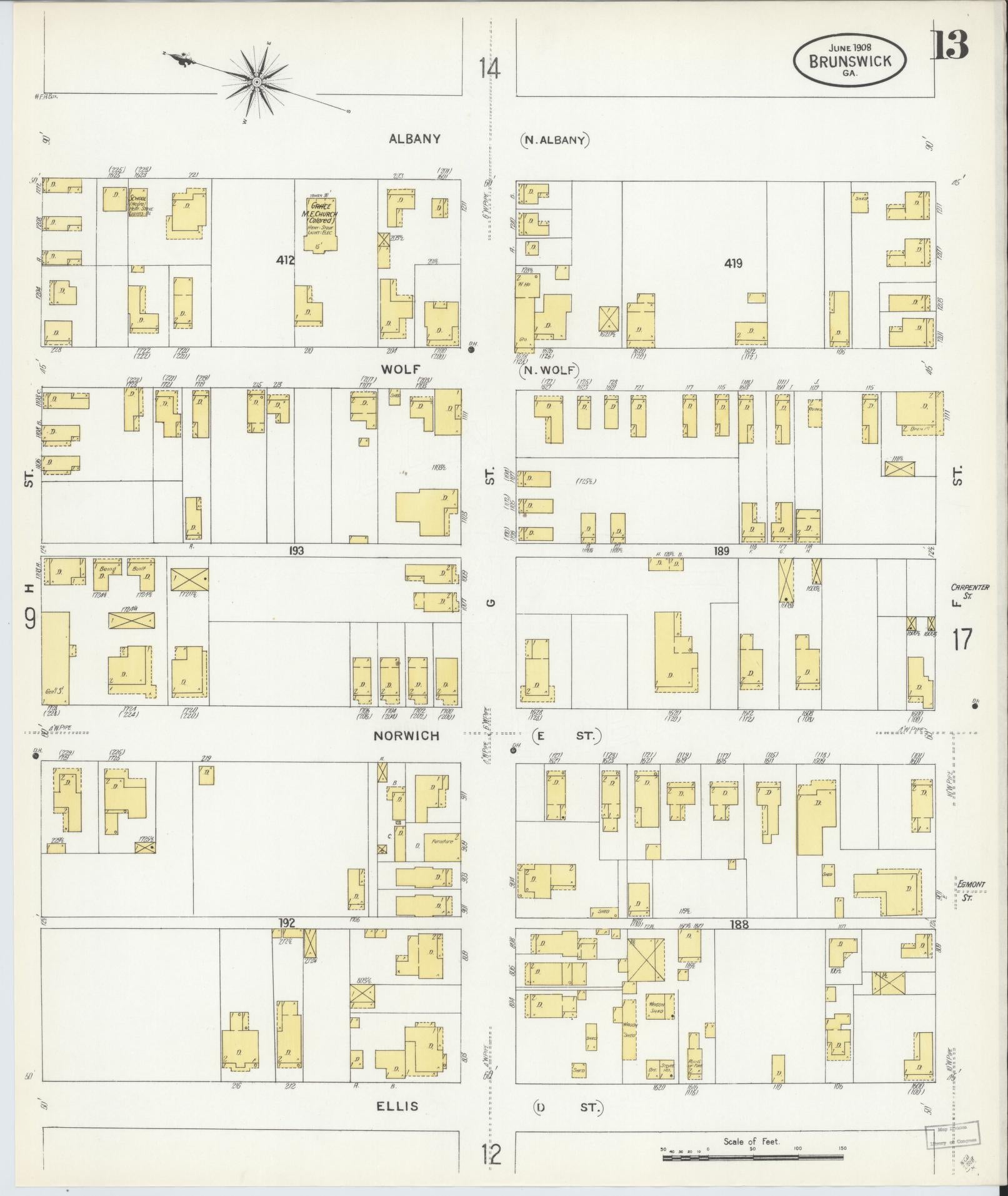 Sanborn Fire Insurance Map from Brunswick, Glynn County, Georgia (1908), Sheet #0013 - Complete Map Set gallery image, historic Sanborn map, vintage wall art, Georgia Georgia