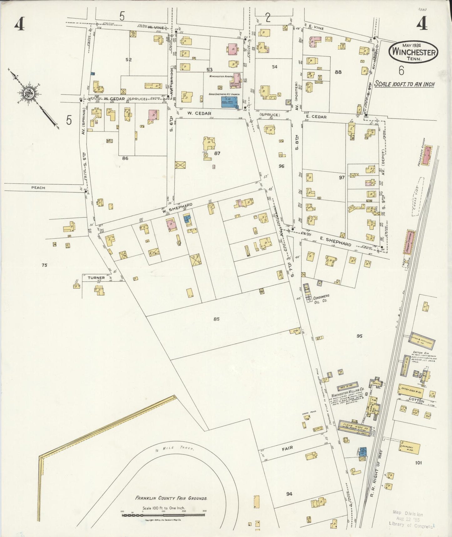 Sanborn Fire Insurance Map from Winchester, Franklin County, Tennessee (1924), Sheet #0004 - Complete Map Set gallery image, historic Sanborn map, vintage wall art, Tennessee Tennessee