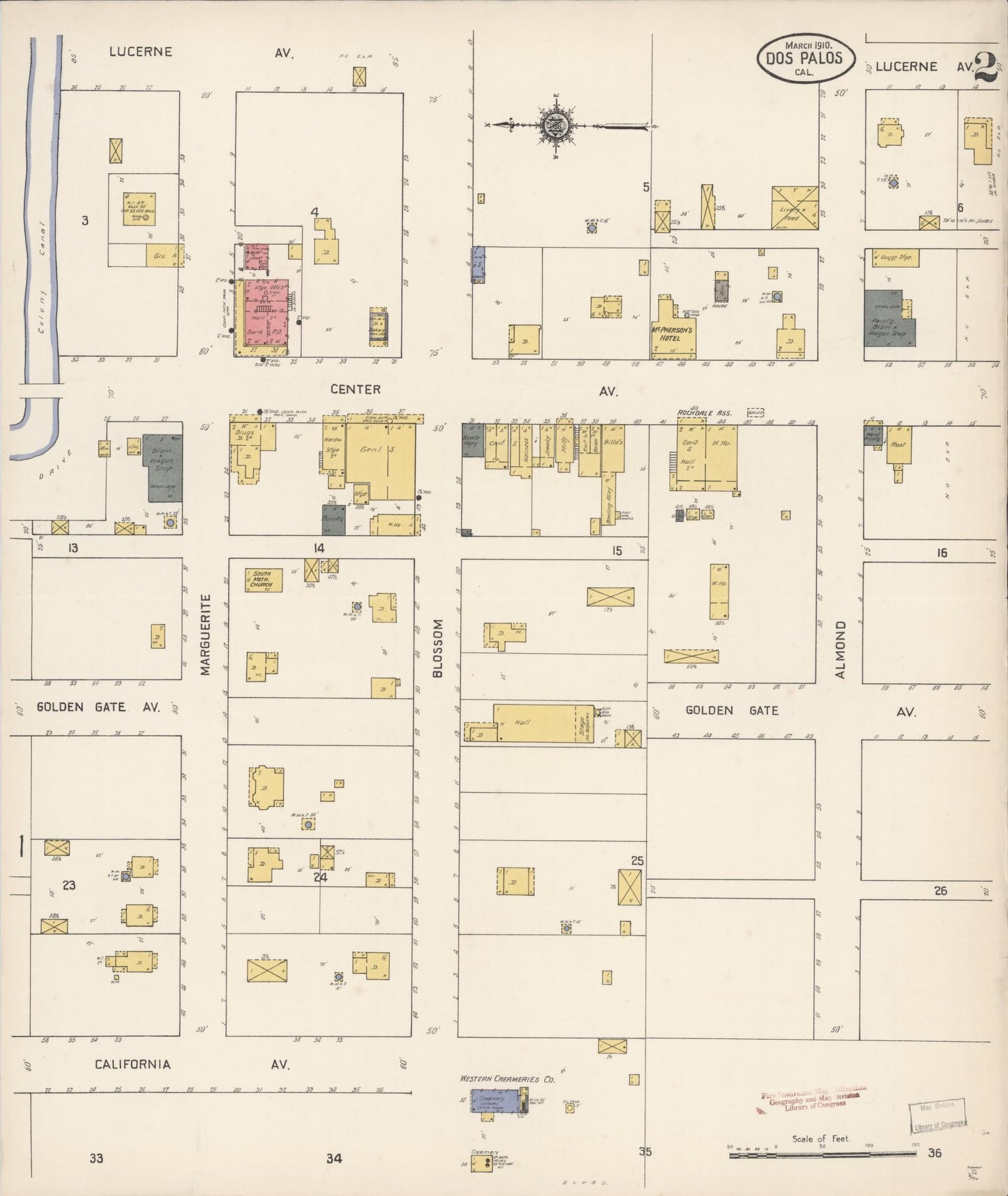 Sanborn Fire Insurance Map from Dos Palos, Merced County, California (1910), Sheet #0002 - Complete Map Set gallery image, historic Sanborn map, vintage wall art, California California