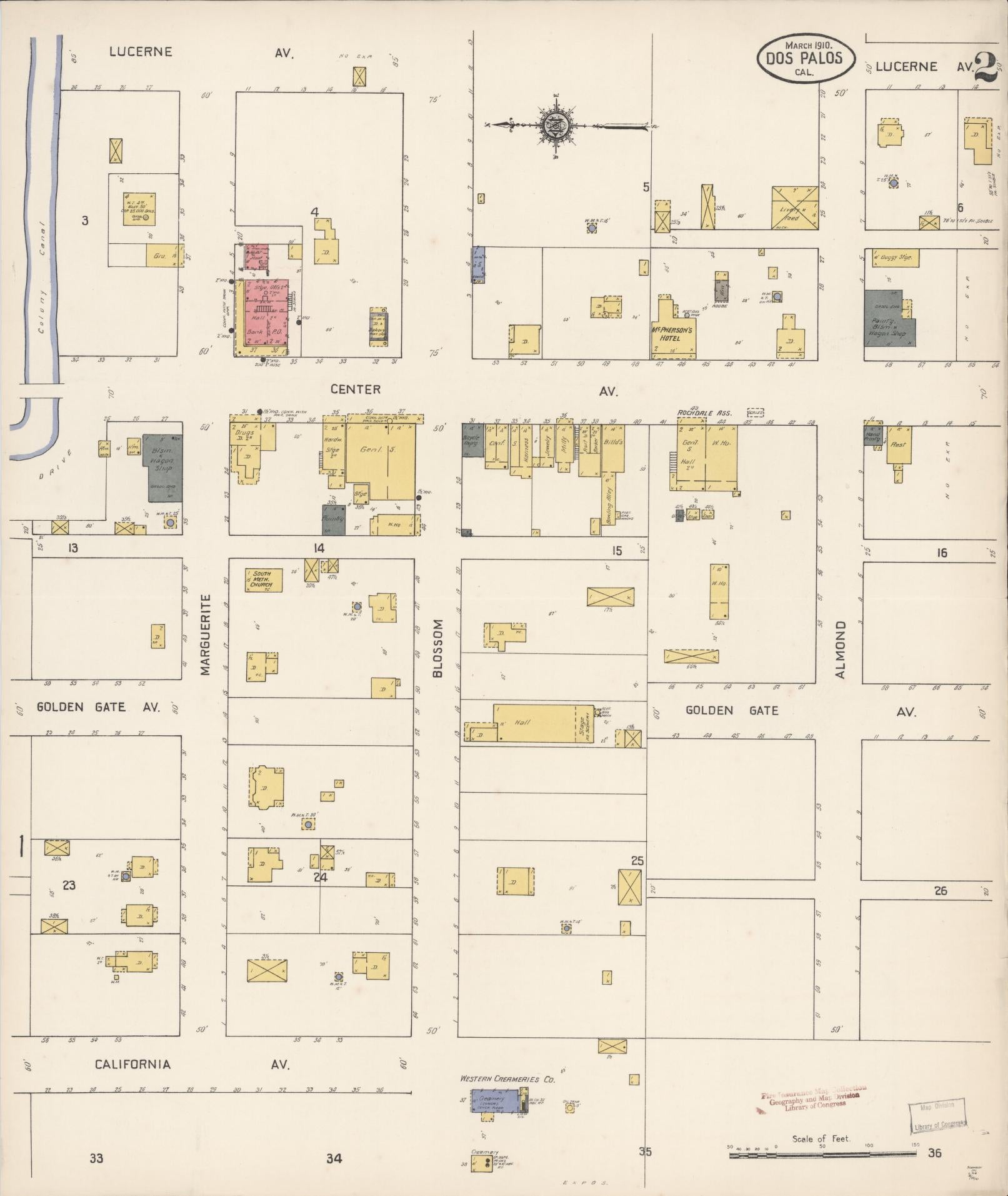 Sanborn Fire Insurance Map from Dos Palos, Merced County, California (1910), Sheet #0002 - Complete Map Set gallery image, historic Sanborn map, vintage wall art, California California