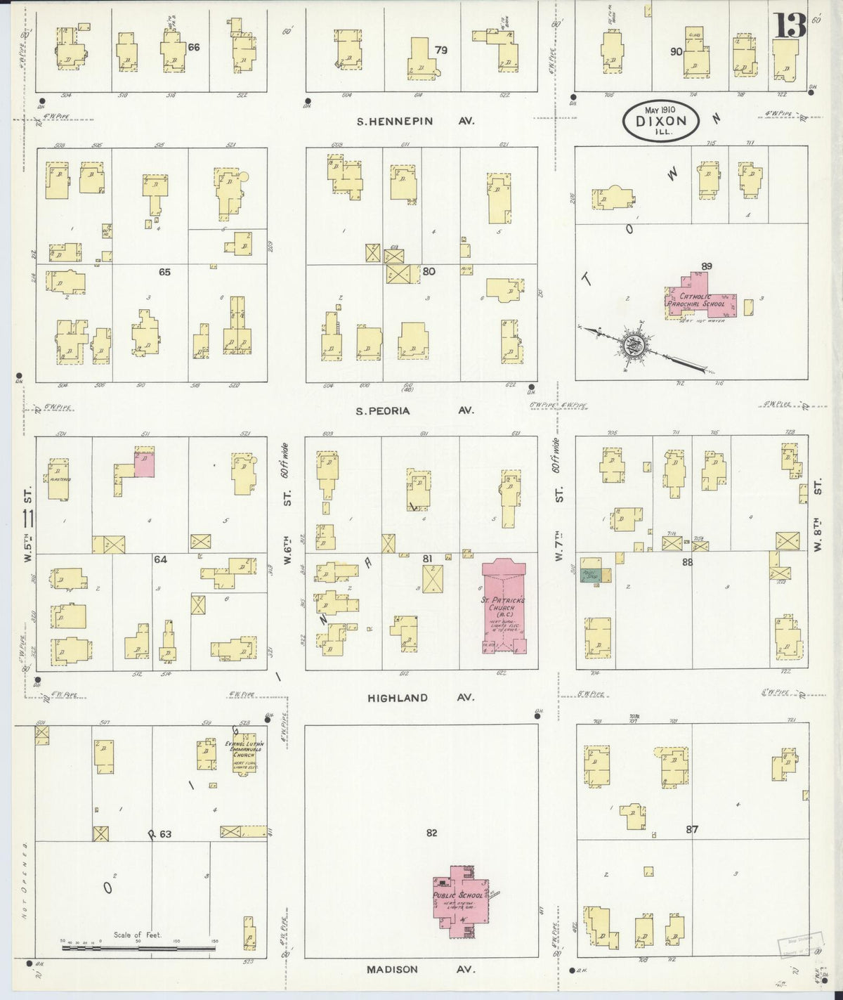 Sanborn Fire Insurance Map from Dixon, Lee County, Illinois (1910), Sheet #0013 - Historic Sanborn Fire Insurance Map Print, vintage old map wall art, antique decor, genealogy gift, Illinois Illinois map