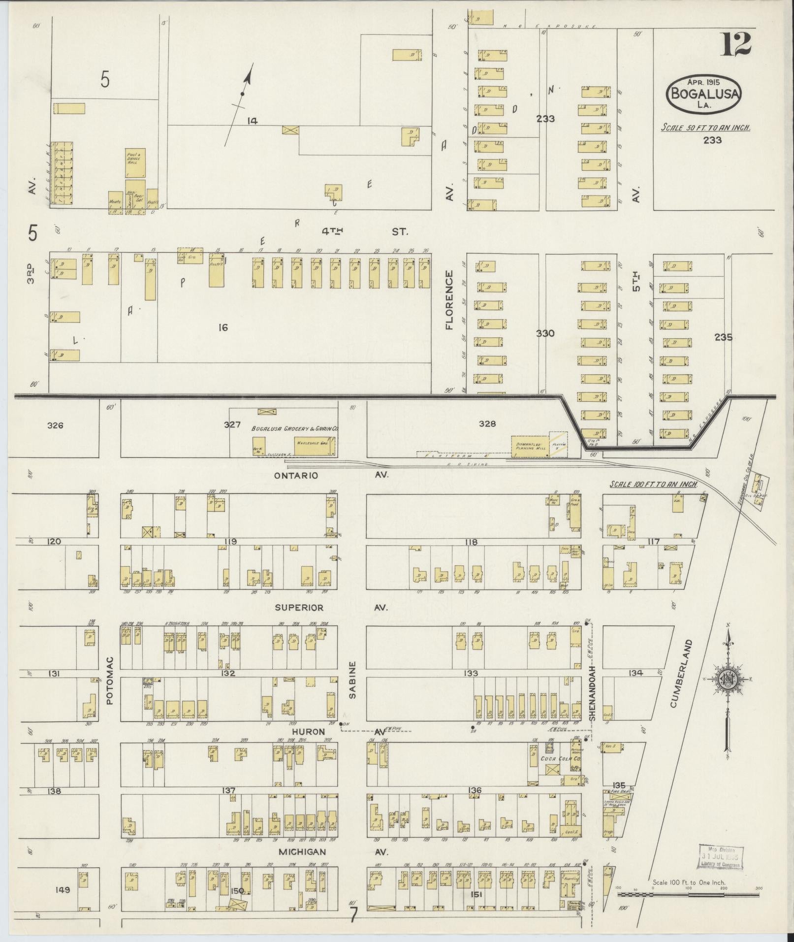Sanborn Fire Insurance Map from Bogalusa, Washington Parish, Louisiana (1915), Sheet #0012 - Historic Sanborn Fire Insurance Map Print, vintage old map wall art, antique decor, genealogy gift, Louisiana Louisiana map