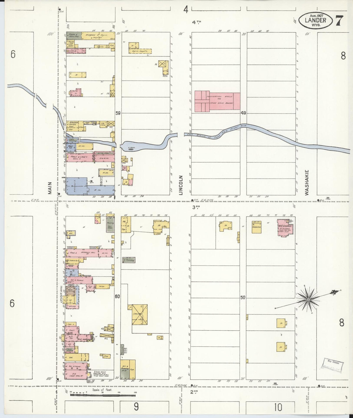 Sanborn Fire Insurance Map from Lander, Fremont County, Wyoming (1907), Sheet #0007 - Complete Map Set gallery image, historic Sanborn map, vintage wall art, Wyoming Wyoming