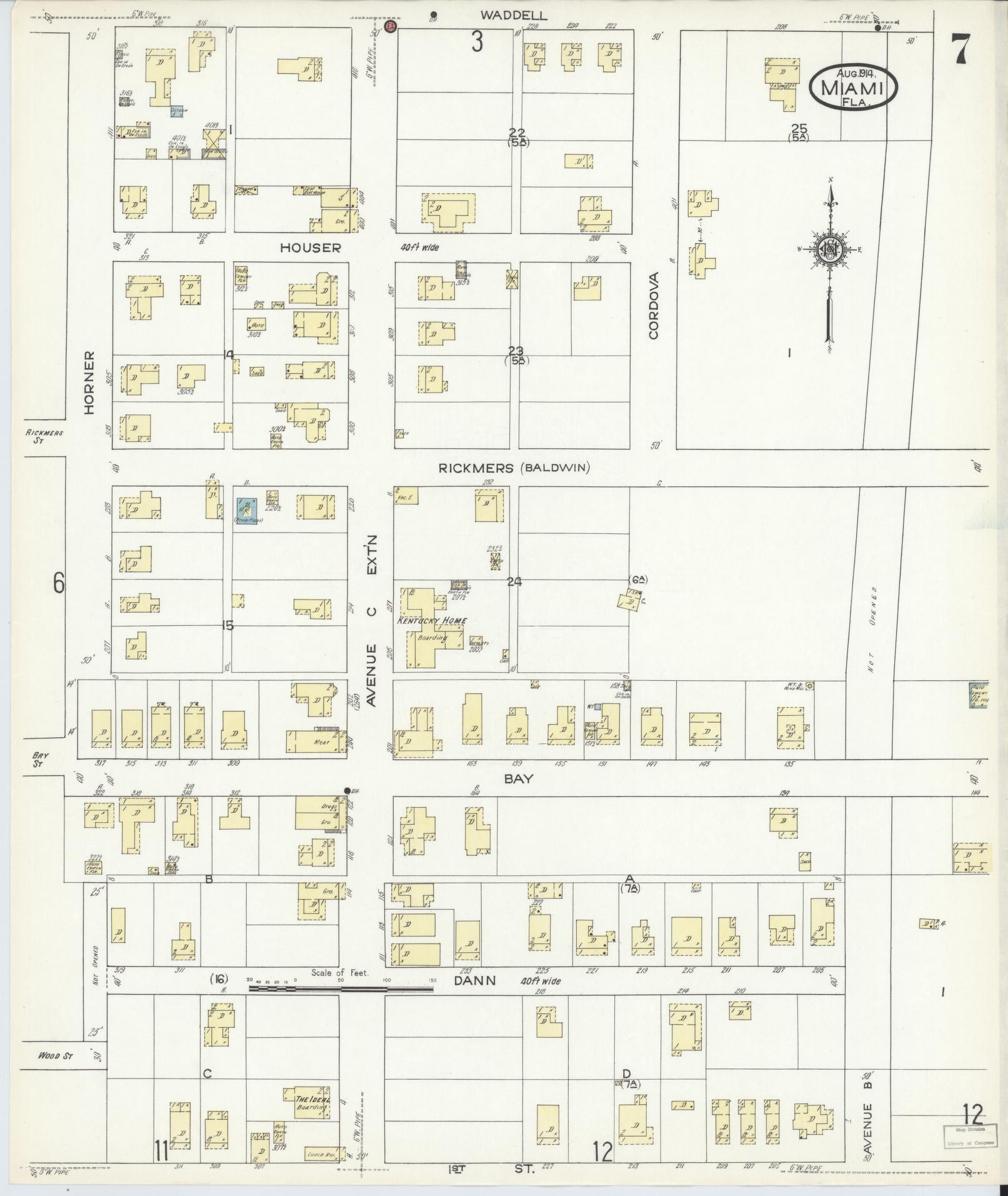 Sanborn Fire Insurance Map from Miami, Dade County, Florida (1914), Sheet #0007 - Historic Sanborn Fire Insurance Map Print, vintage old map wall art, antique decor, genealogy gift, Florida Florida map