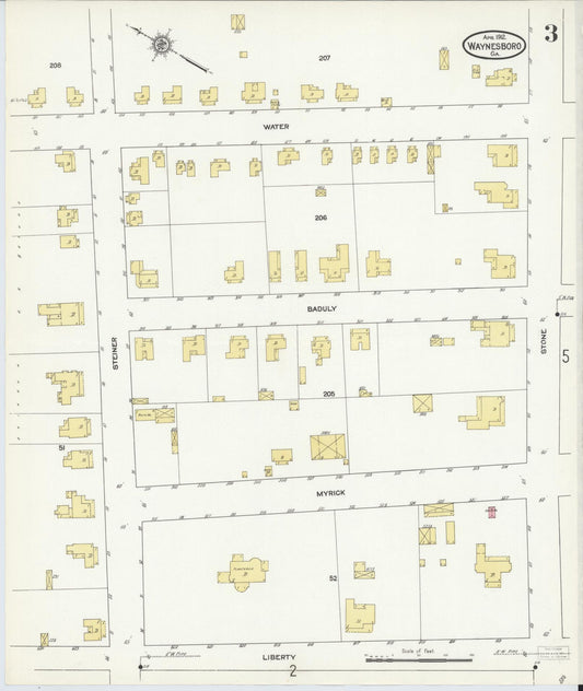 Sanborn Fire Insurance Map from Waynesboro, Burke County, Georgia (1912), Sheet #0003 - Historic Sanborn Fire Insurance Map Print, vintage old map wall art, antique decor, genealogy gift, Georgia Georgia map