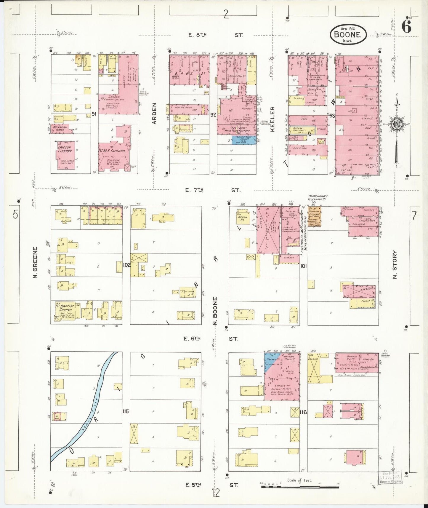 Sanborn Fire Insurance Map from Boone, Boone County, Iowa (1916), Sheet #0006 - Historic Sanborn Fire Insurance Map Print, vintage old map wall art