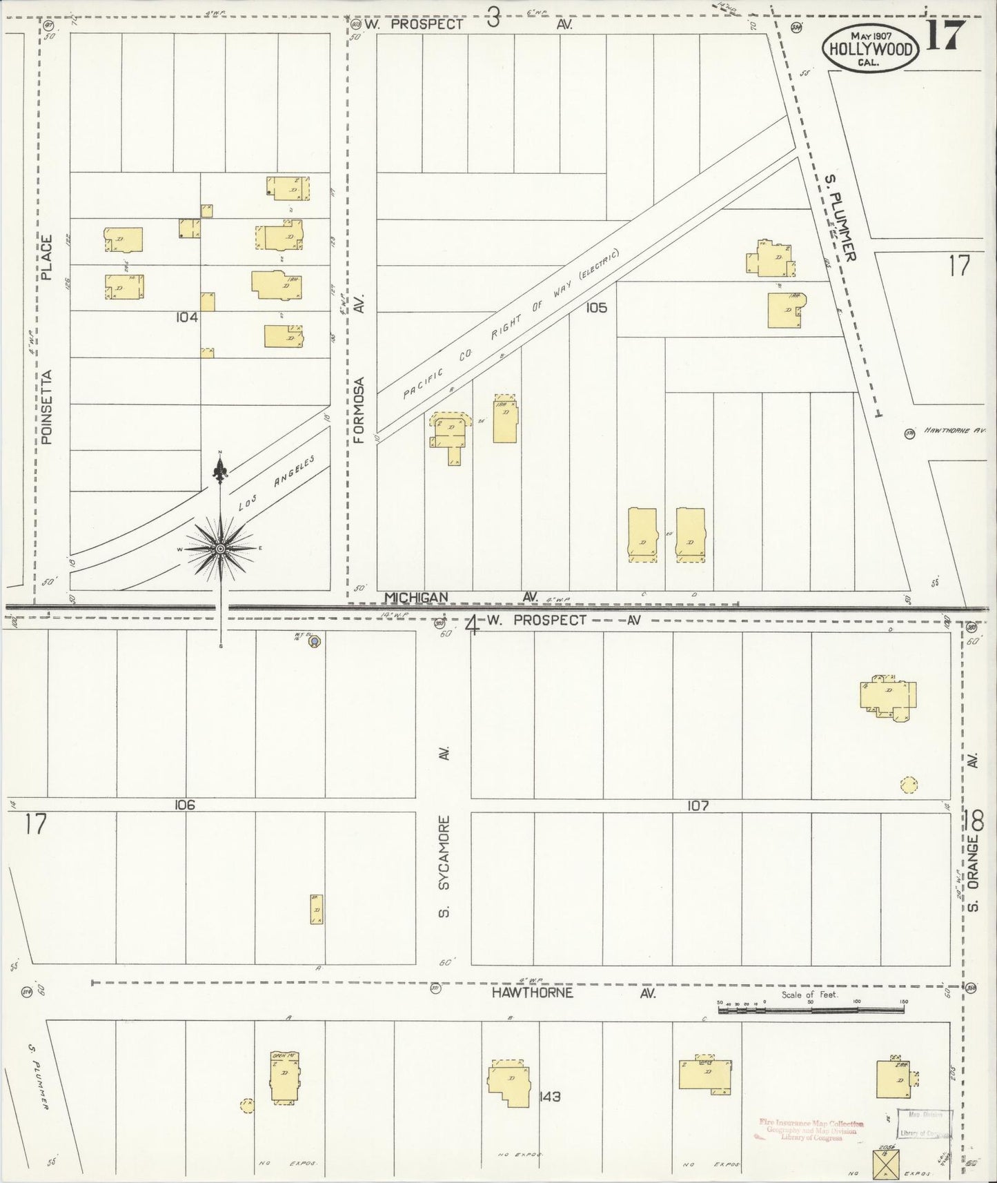 Sanborn Fire Insurance Map from Hollywood, Los Angeles County, California (1907), Sheet #0017 - Complete Map Set gallery image, historic Sanborn map, vintage wall art, California California