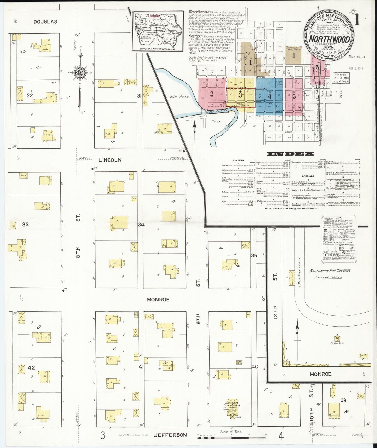 Sanborn Fire Insurance Map from Northwood, Worth County, Iowa (1916), Sheet #0001 - Historic Sanborn Fire Insurance Map Print