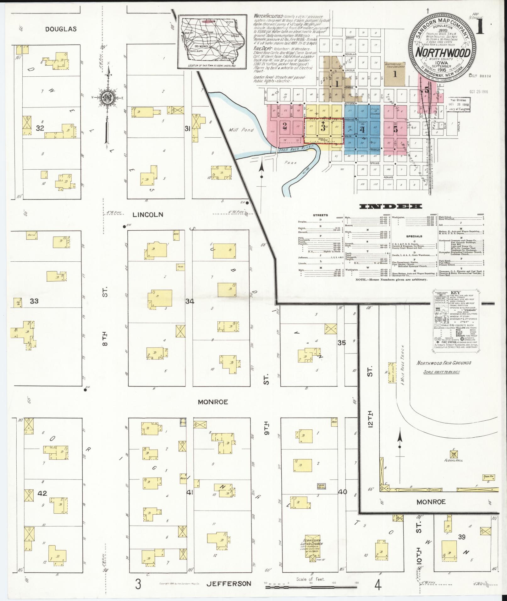 Sanborn Fire Insurance Map from Northwood, Worth County, Iowa (1916), Sheet #0001 - Historic Sanborn Fire Insurance Map Print