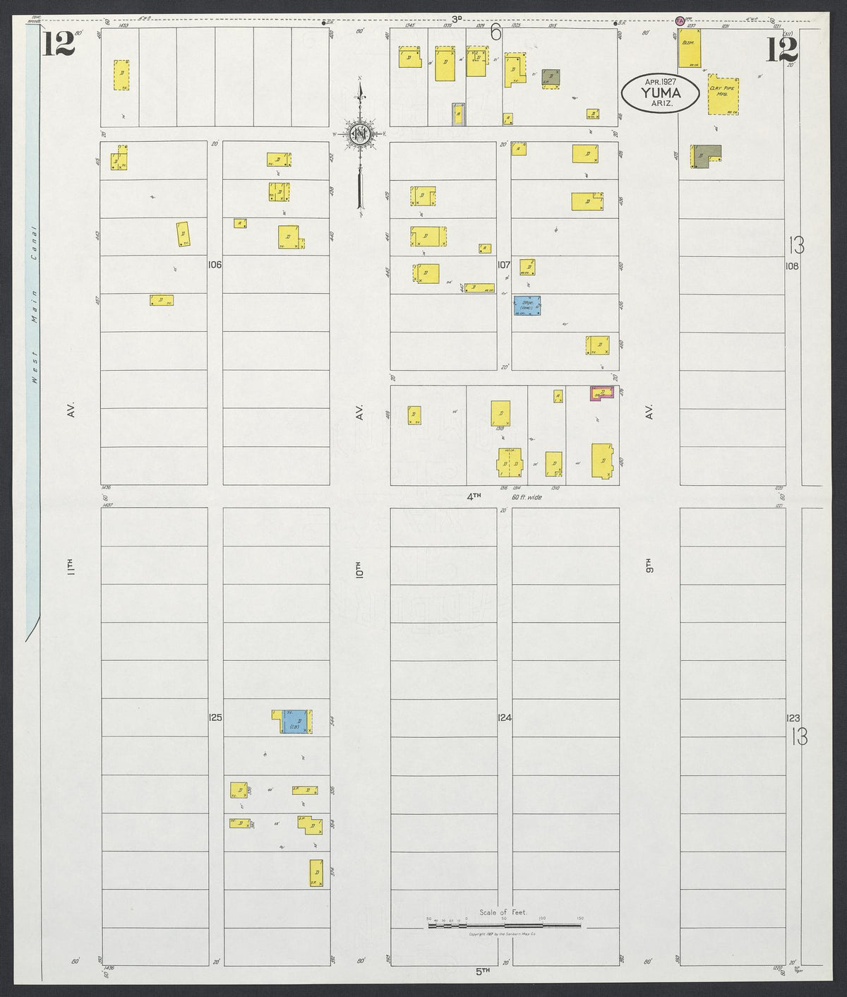 Sanborn Fire Insurance Map from Yuma, Yuma County, Arizona (1927), Sheet #0012 - Historic Sanborn Fire Insurance Map Print, vintage old map wall art, antique decor, genealogy gift, Arizona Arizona map