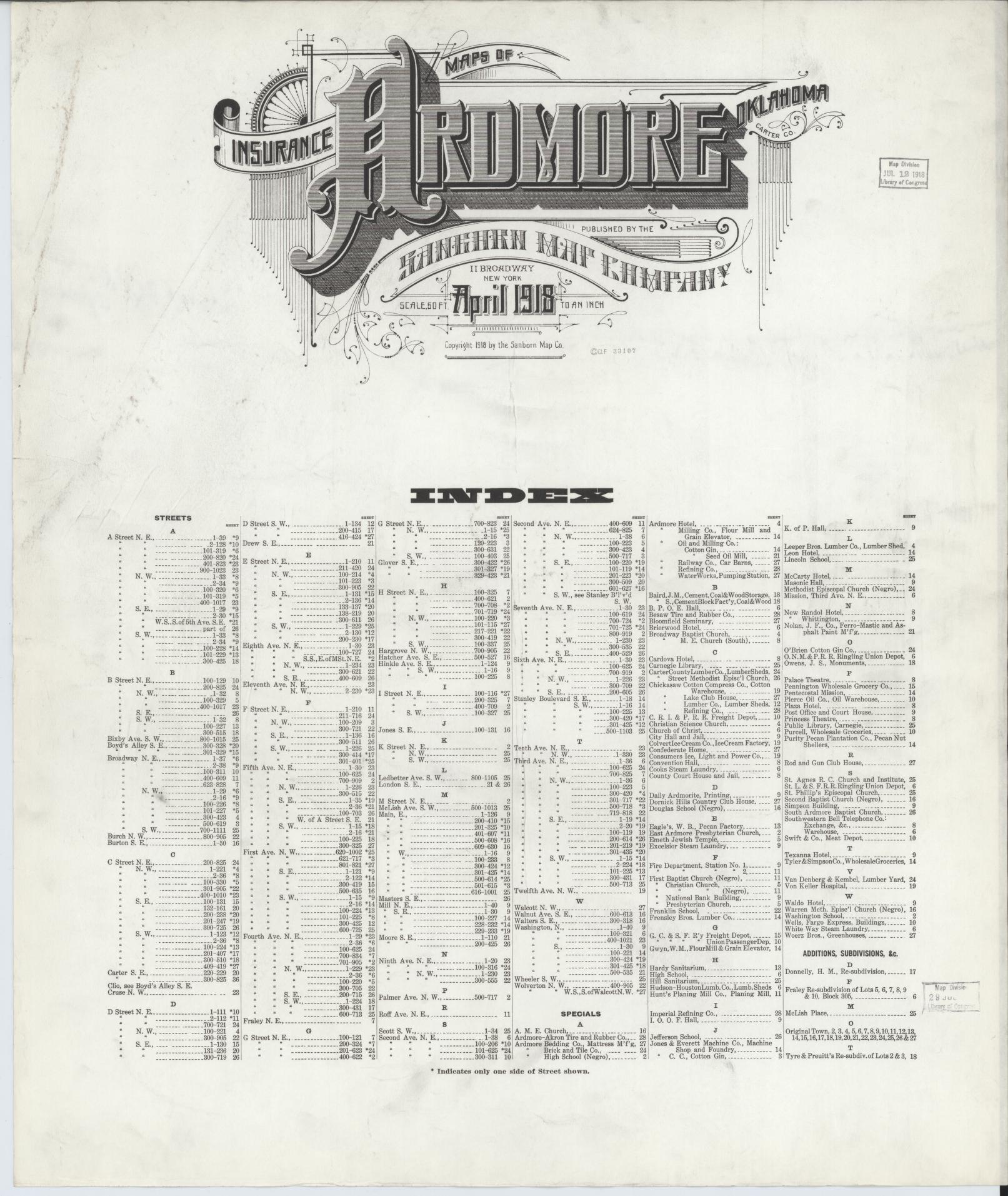 Sanborn Fire Insurance Map from Ardmore, Carter County, Oklahoma (1918), Sheet #0001 - Historic Sanborn Fire Insurance Map Print, vintage old map wall art, antique decor, genealogy gift, Oklahoma Oklahoma map