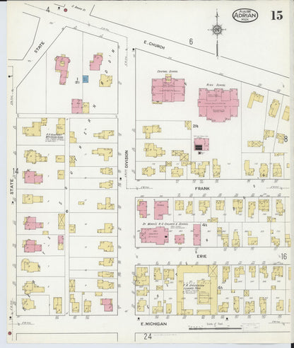 Sanborn Fire Insurance Map from Adrian, Lenawee County, Michigan (1916), Sheet #0015 - Historic Sanborn Fire Insurance Map Print, vintage old map wall art, antique decor, genealogy gift, Michigan Michigan map