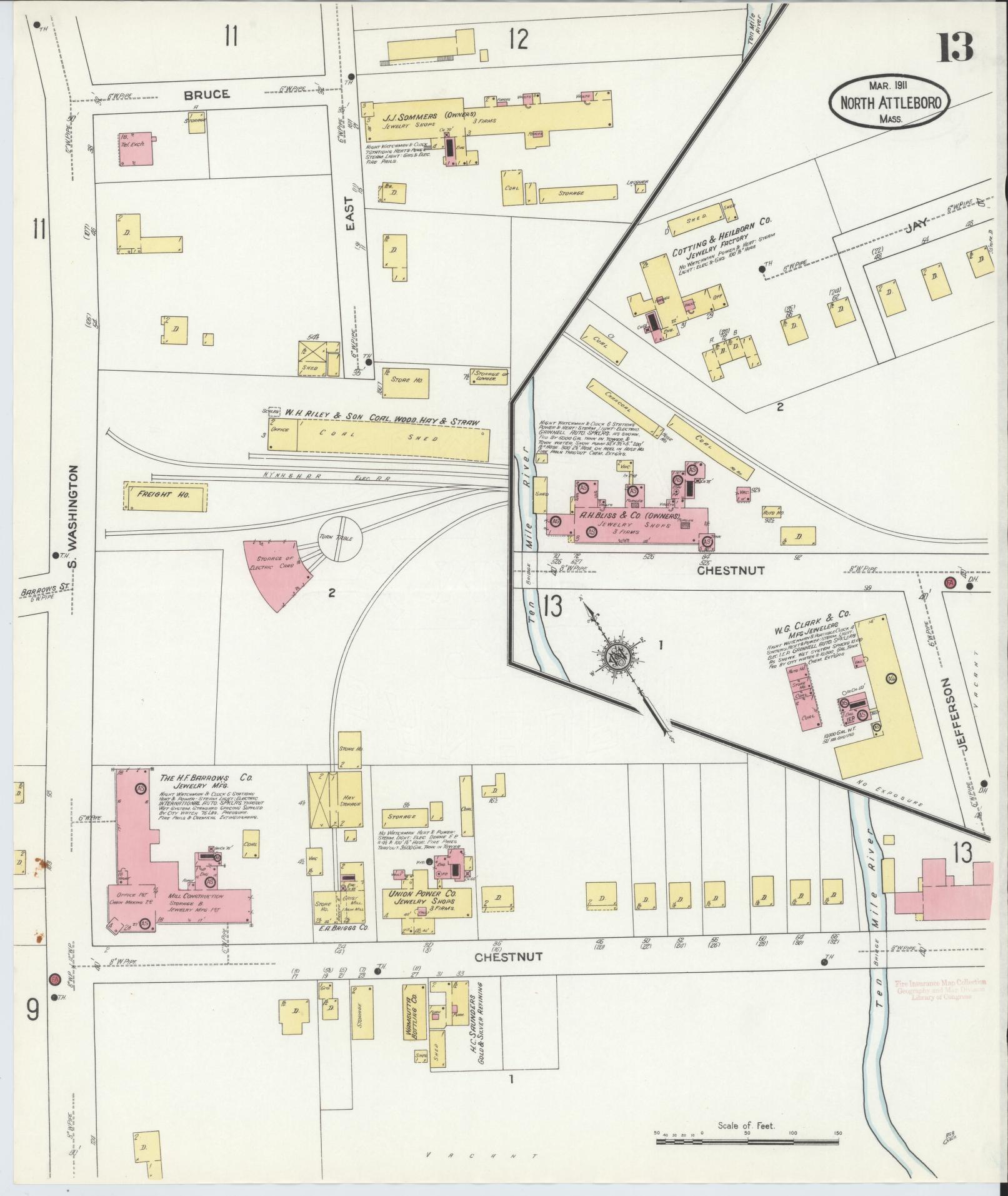 Sanborn Fire Insurance Map from North Attleborough, Bristol County, Massachusetts (1911), Sheet #0013 - Complete Map Set gallery image, historic Sanborn map, vintage wall art, Massachusetts Massachusetts