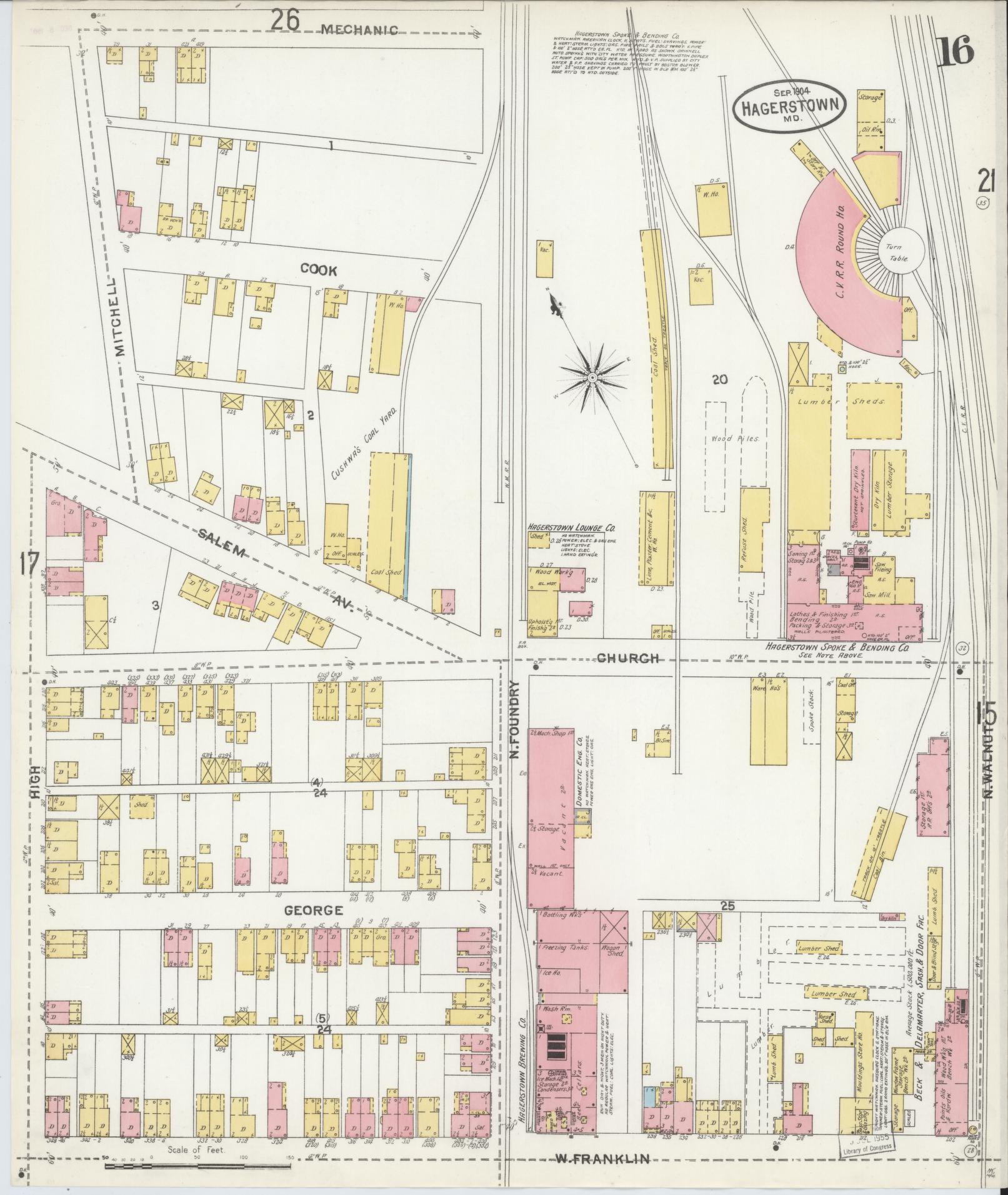 Sanborn Fire Insurance Map from Hagerstown, Washington County, Maryland (1904), Sheet #0016 - Historic Sanborn Fire Insurance Map Print, vintage old map wall art, antique decor, genealogy gift, Maryland Maryland map