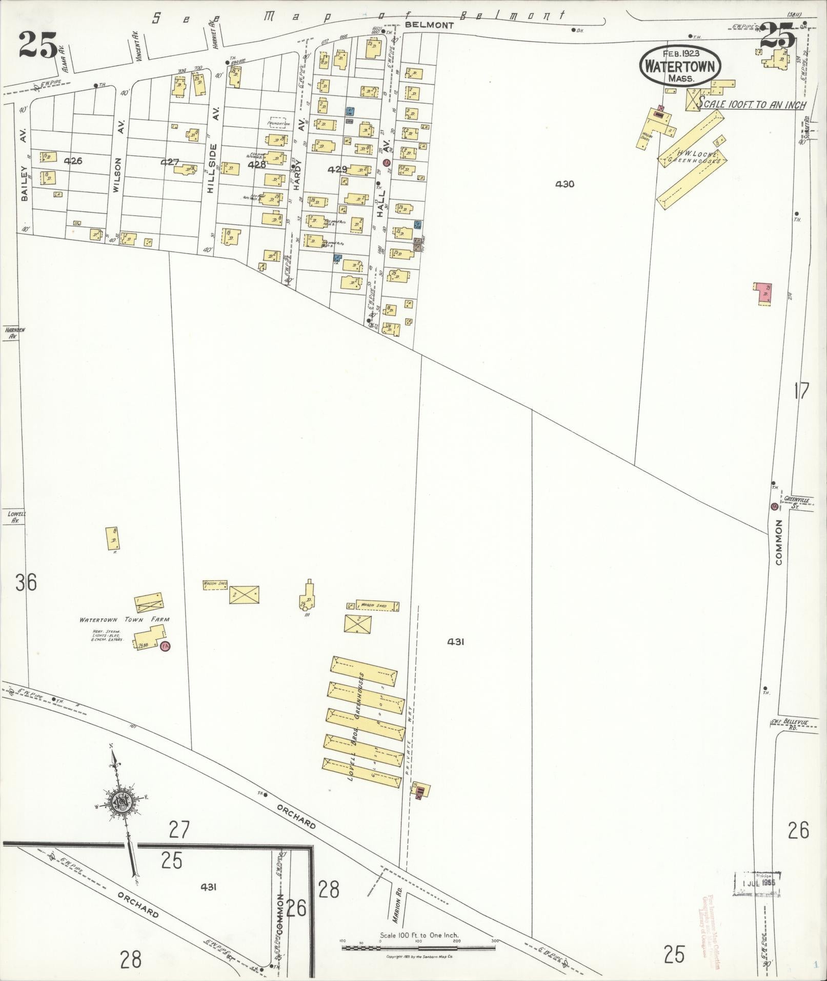 Sanborn Fire Insurance Map from Watertown, Middlesex County, Massachusetts (1923), Sheet #0025 - Historic Sanborn Fire Insurance Map Print, vintage old map wall art, antique decor, genealogy gift, Massachusetts Massachusetts map