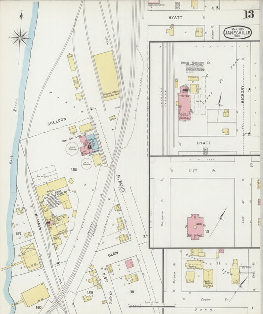 Sanborn Fire Insurance Map from Janesville, Rock County, Wisconsin (1895), Sheet #0013 - Historic Sanborn Fire Insurance Map Print, vintage old map wall art, antique decor, genealogy gift, Wisconsin Wisconsin map